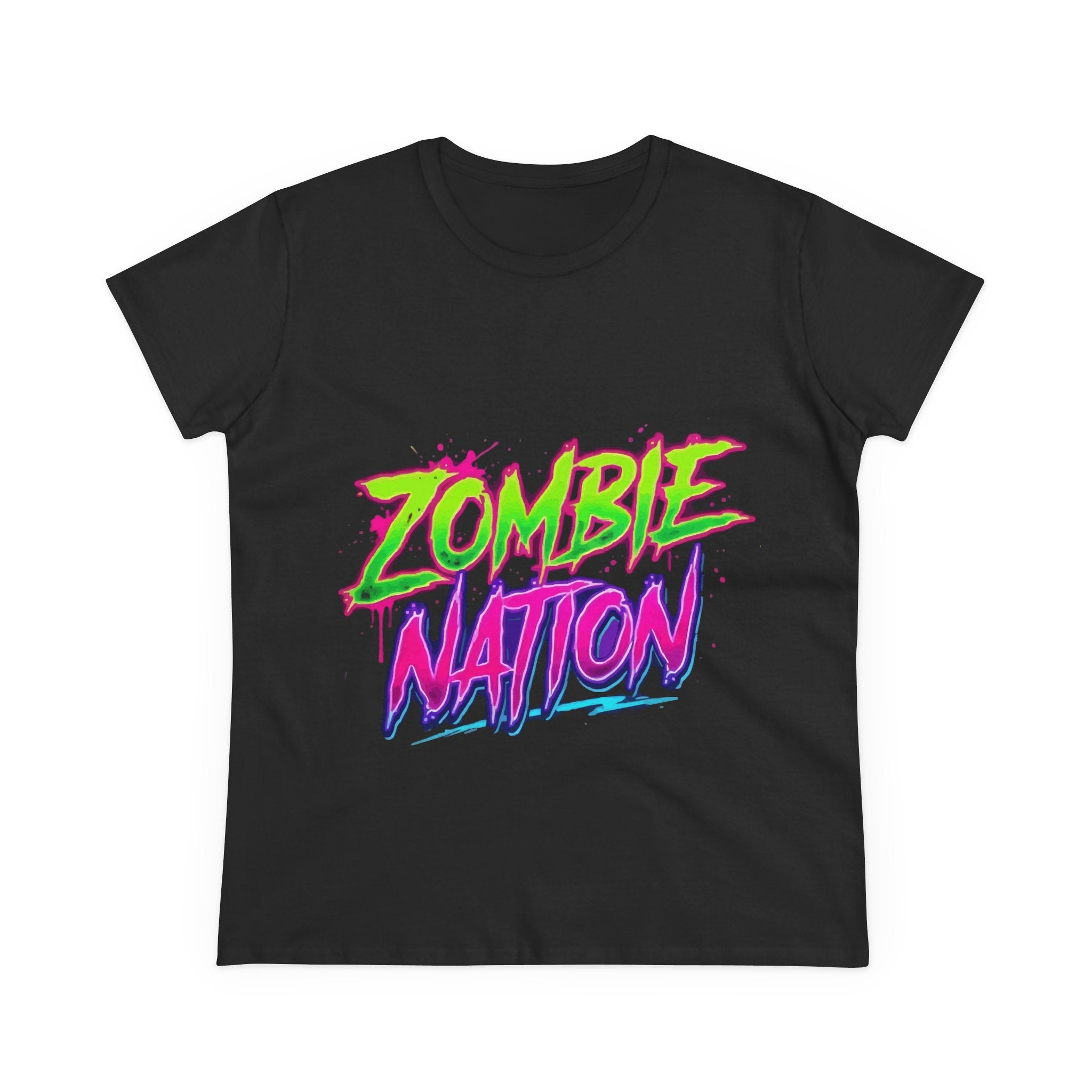 Zombie Nation Tee — Neon Retro Zombie Graphic Shirt for Women (Front & Back Print)