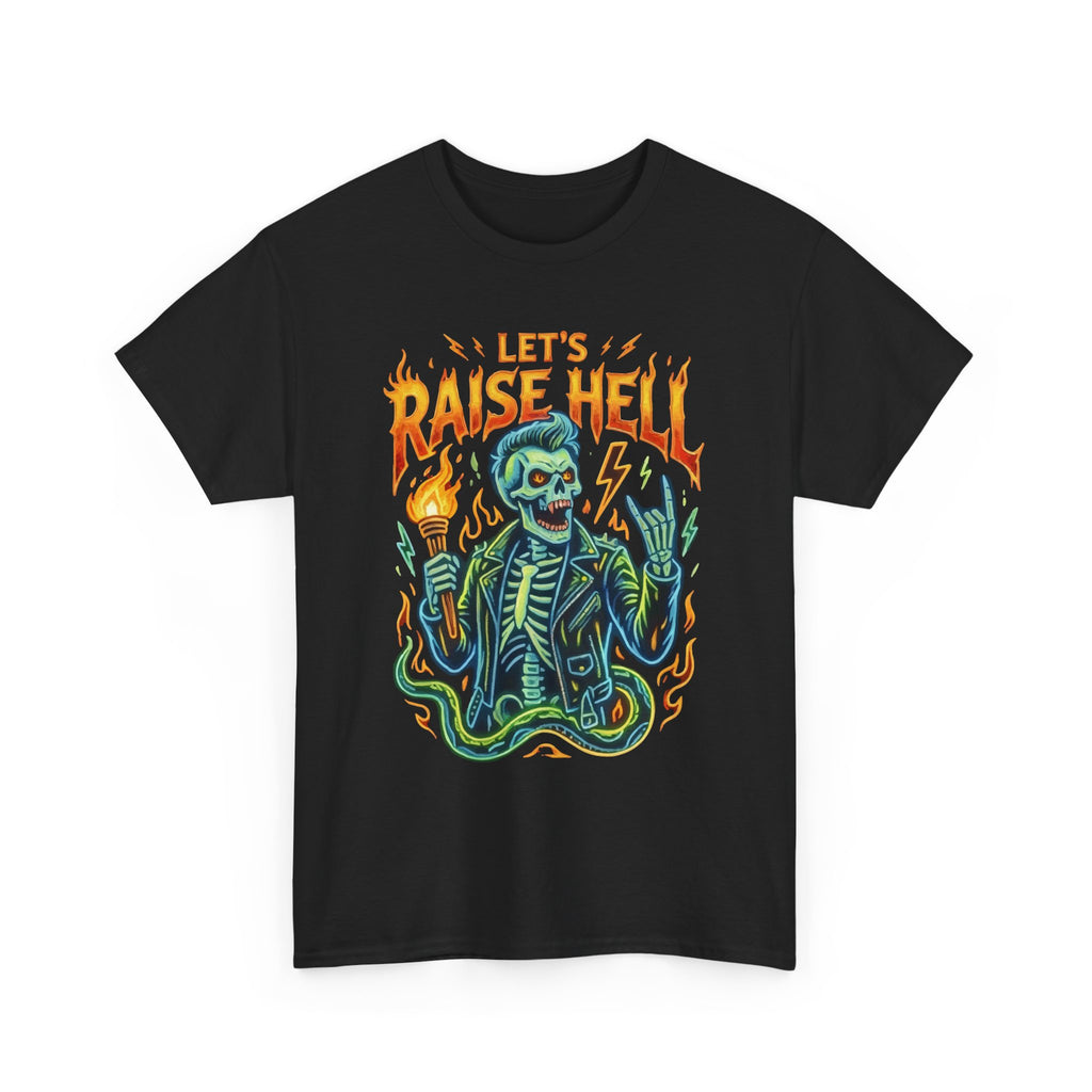 Let’s Raise Hell Skeleton Graphic Tee — Retro Neon Flames Rock T‑Shirt