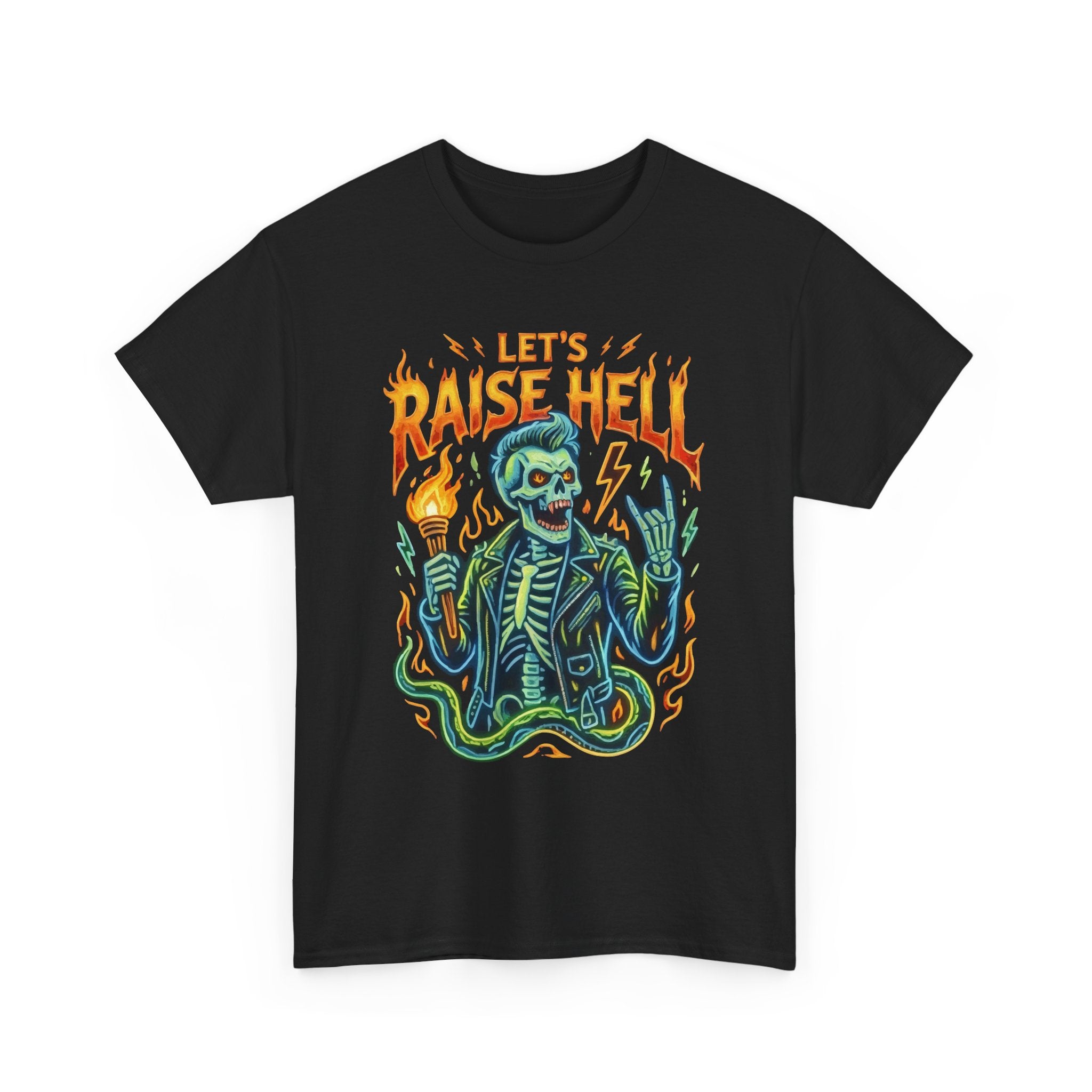 Let’s Raise Hell Skeleton Graphic Tee — Retro Neon Flames Rock T‑Shirt