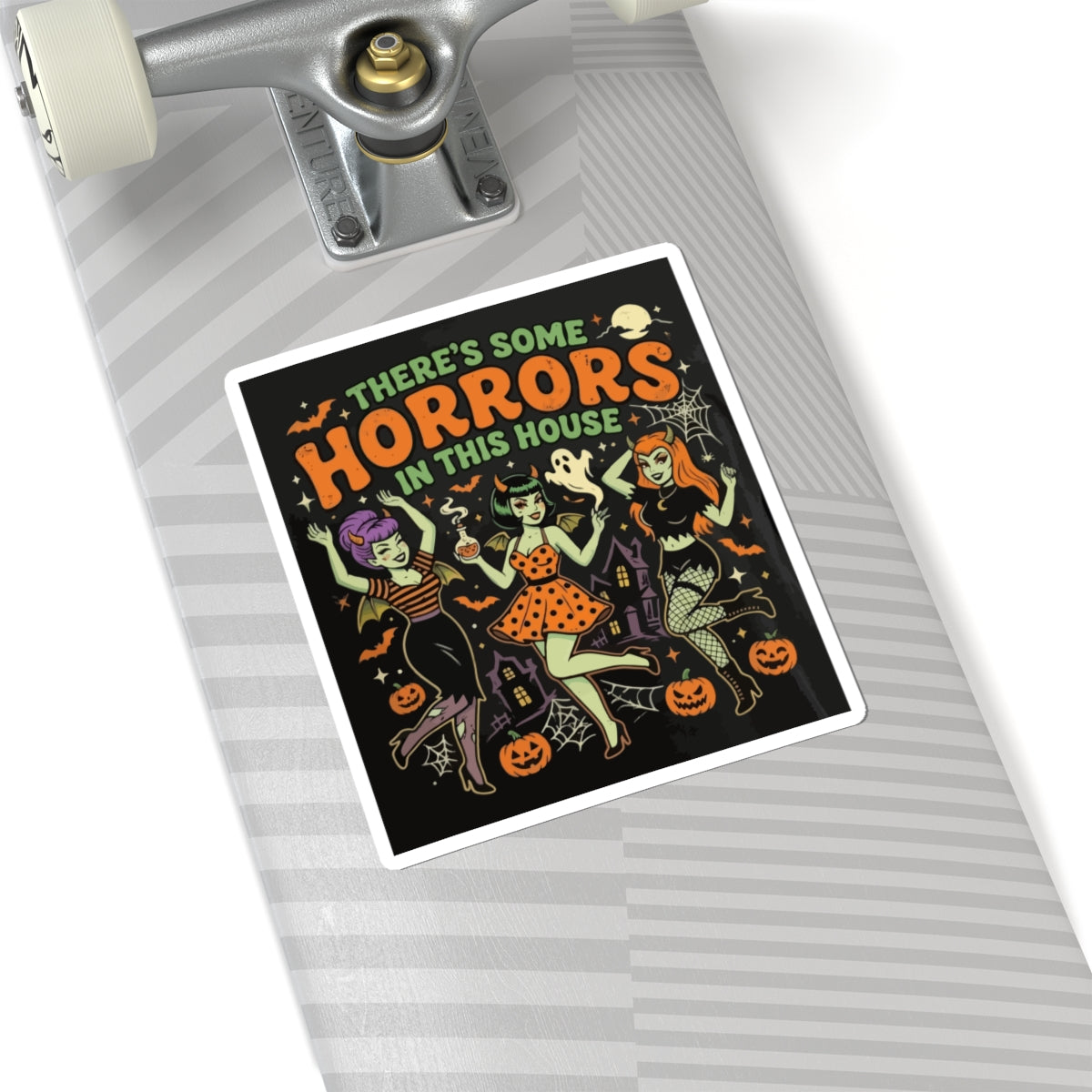 Halloween 'There's Some Horrors in This House' Kiss-Cut Sticker — Retro Pin-Up Witch Trio