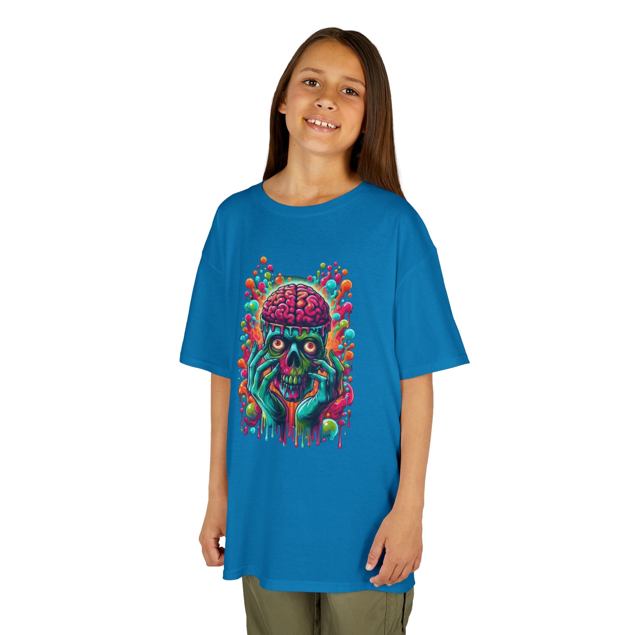 Kids Tee — Neon Brain Monster Graphic T-Shirt (Glow Horror Skate Punk)