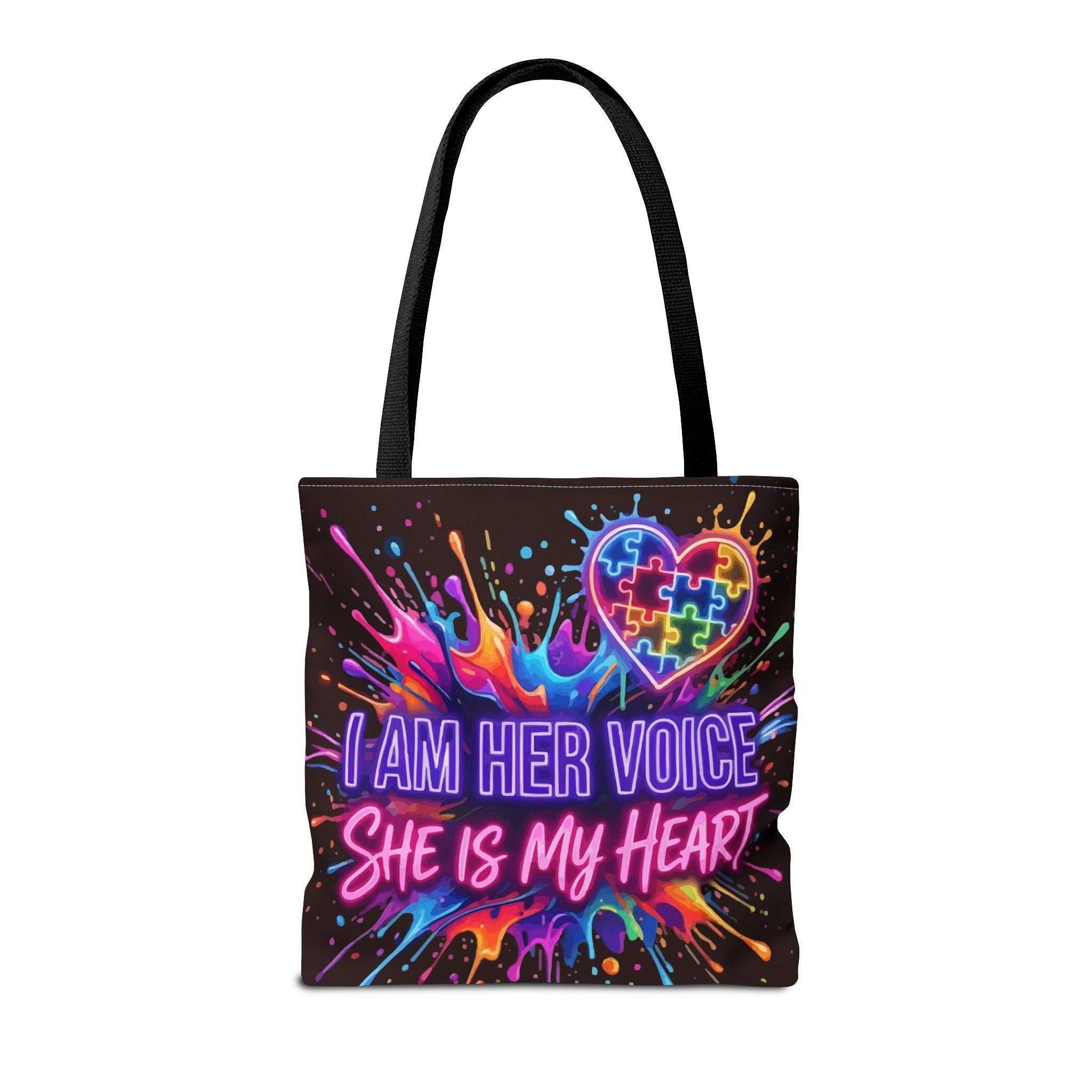 Autism Awareness Tote Bag - "I Am Her Voice, She Is My Heart" Colorful Puzzle Heart Carryall