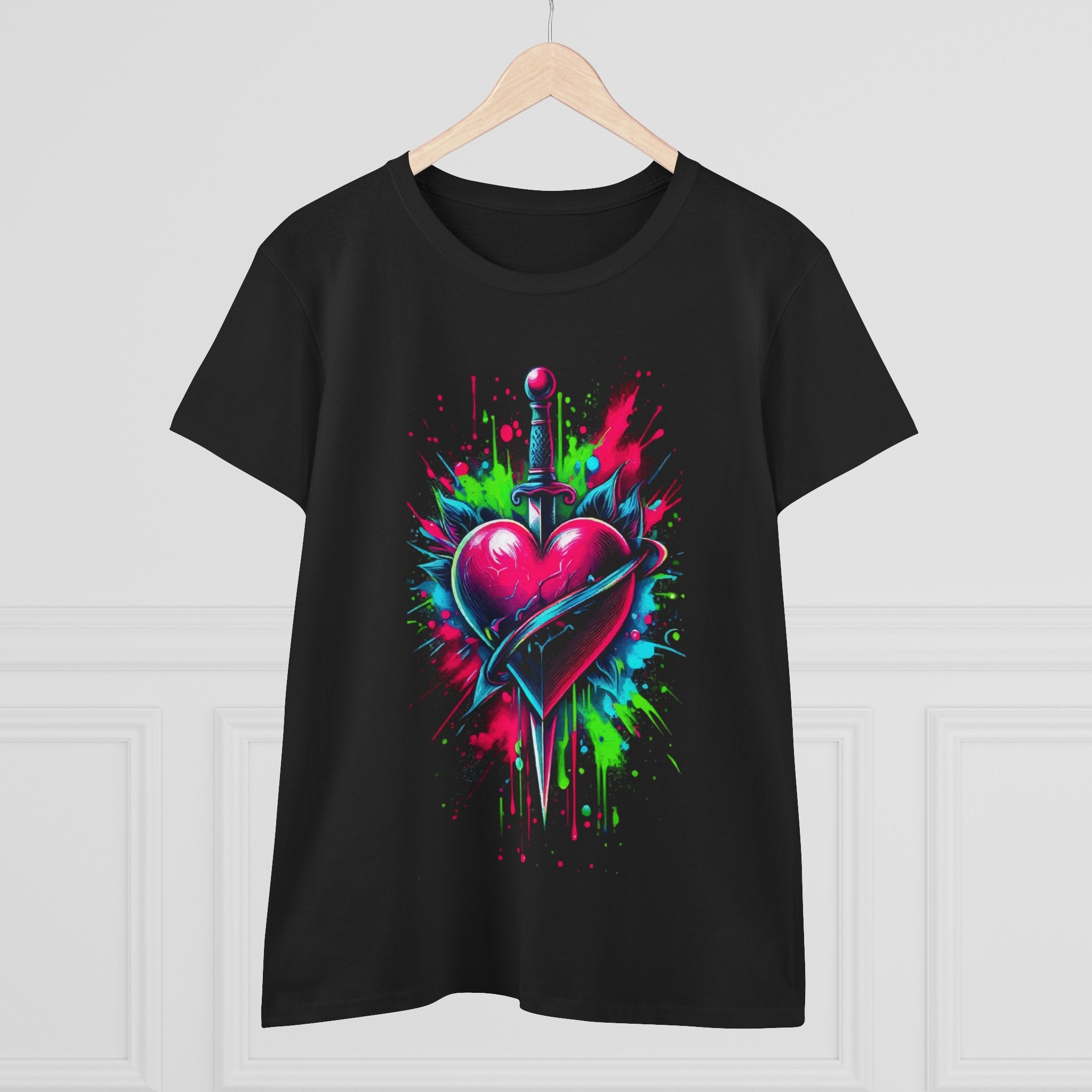 Neon Heart Dagger Tee — Vibrant Splatter Graphic Women's T‑Shirt
