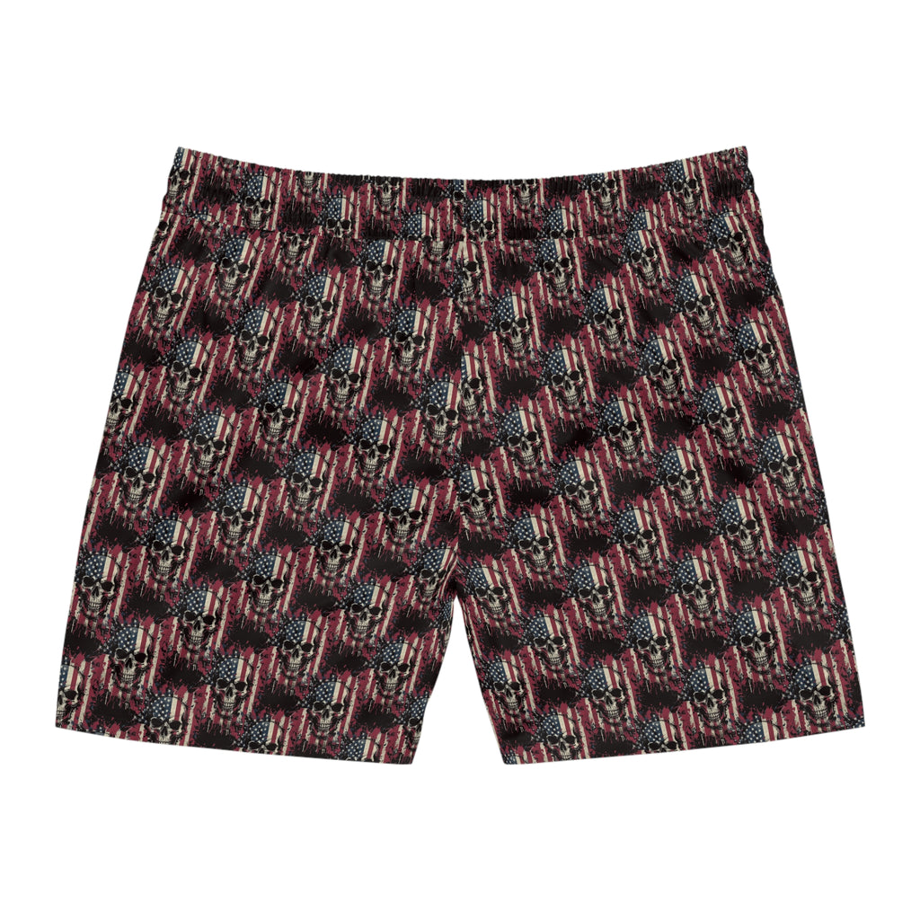 American Flag Skull Swim Shorts — Patriotic Gothic Beach Trunks