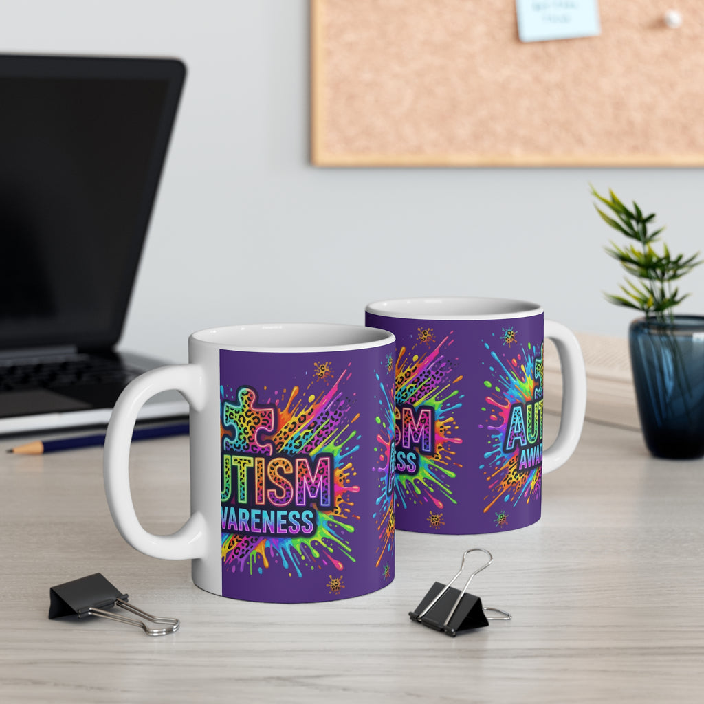 Autism Awareness 11oz Mug — Colorful Puzzle Splash Design
