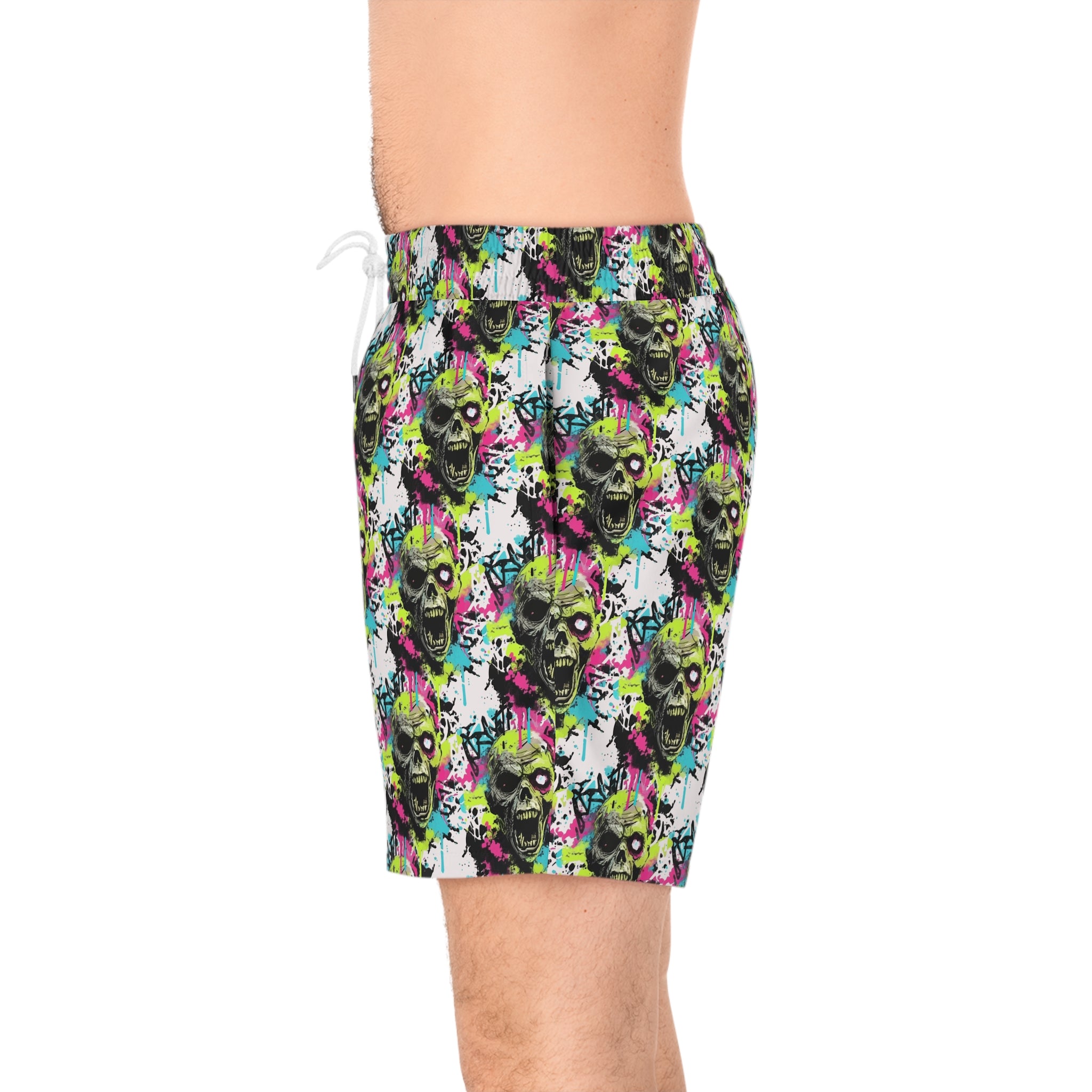 Neon Graffiti Zombie Swim Shorts — Men's Mid-Length Skull Beach Trunks