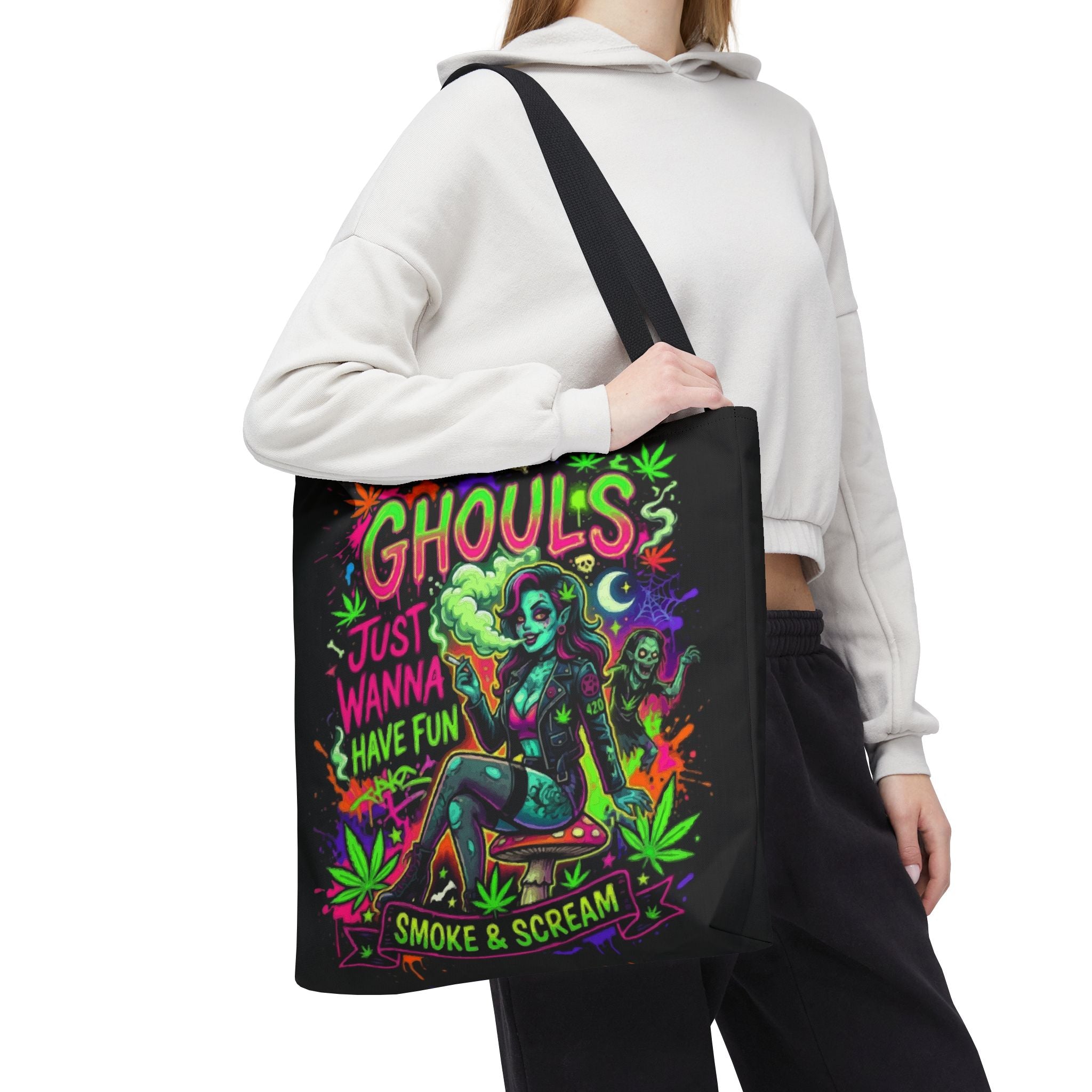 Ghoul's Just Wanna Have Fun Neon Halloween Tote Bag – Spooky Retro Cannabis Art