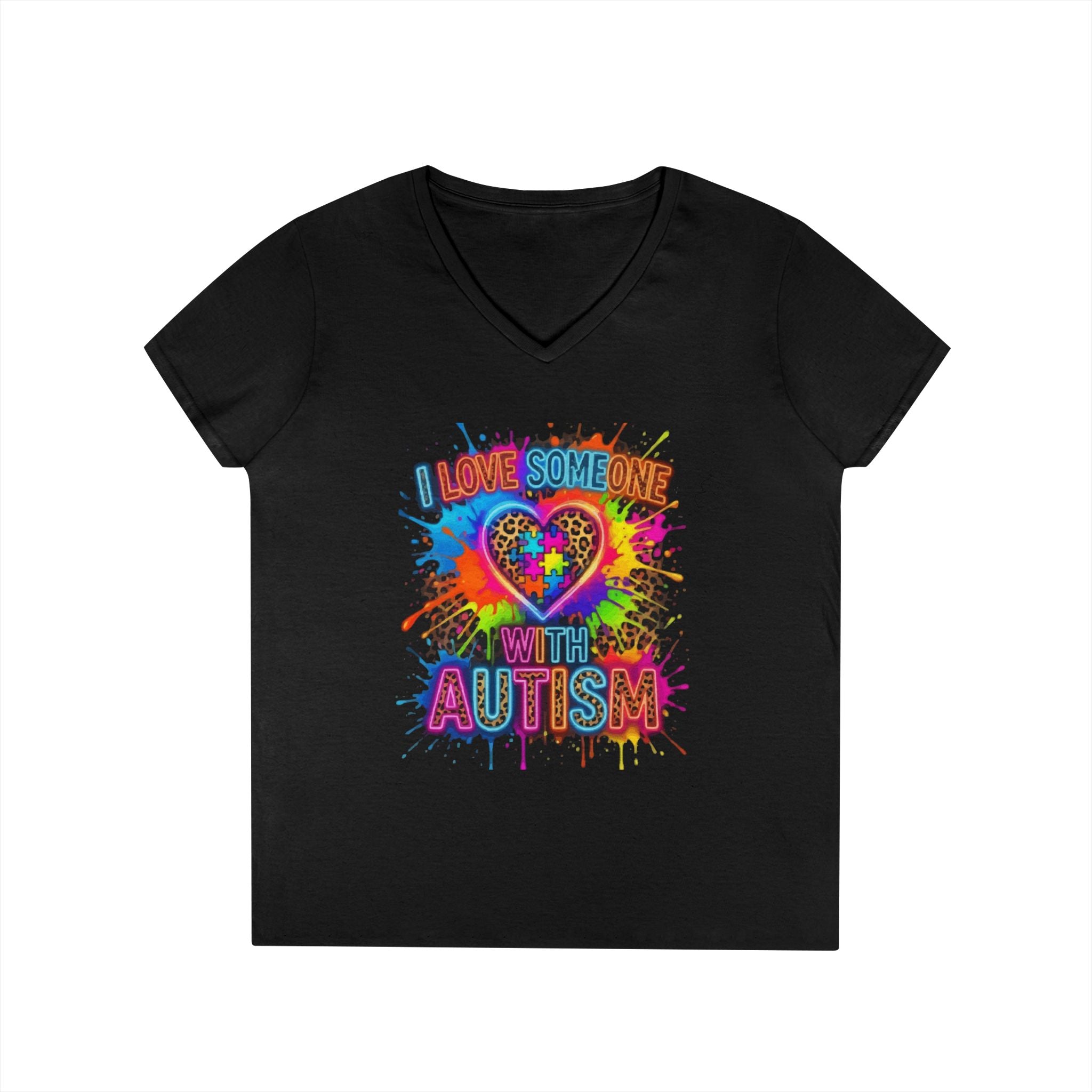 Autism Awareness V-Neck Tee — "I Love Someone With Autism" Colorful Puzzle Heart