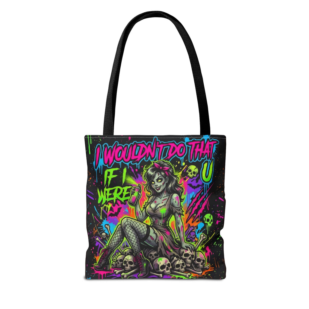 Zombie Pin-Up Tote Bag — "I Wouldn't Do That If I Were U" Neon Horror Graphic