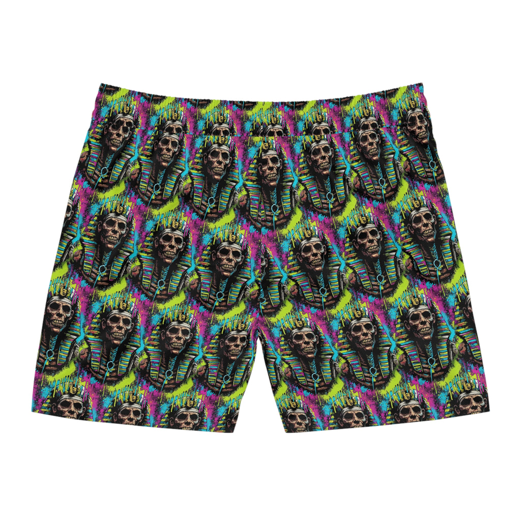 Neon Pharaoh Skull Swim Shorts - Men’s Mid-Length Beach Trunks