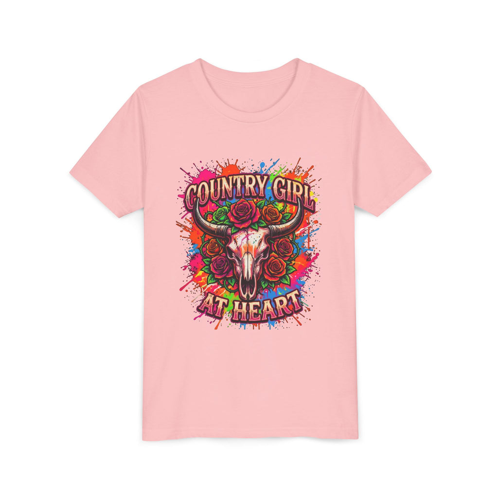 Youth Tee - "Country Girl at Heart" Colorful Bull Skull Graphic