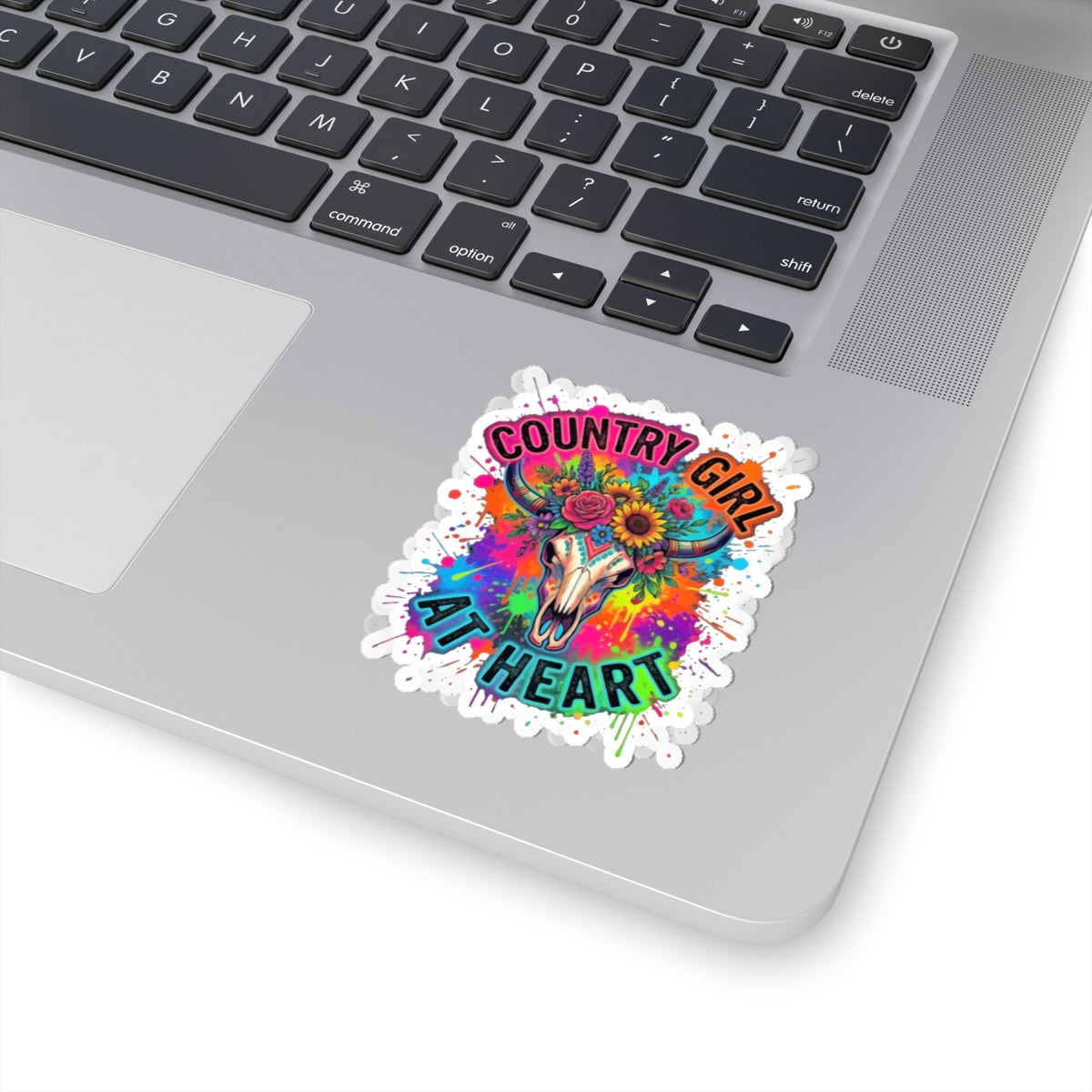 Country Girl At Heart Kiss-Cut Sticker — Colorful Floral Steer Skull Decal