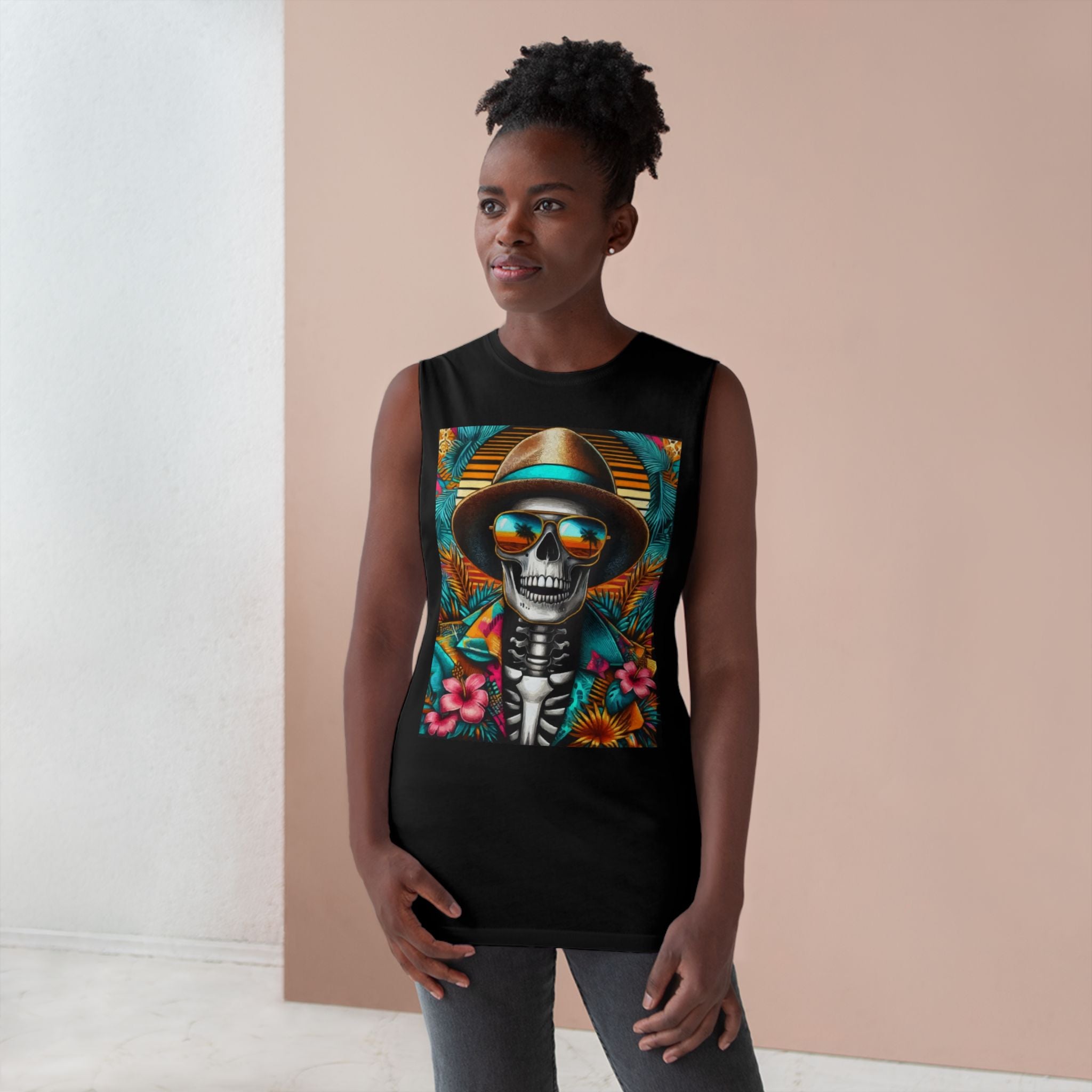 Skeleton Sun Hat Tank Top — Tropical Day of the Dead Skull Graphic Tank