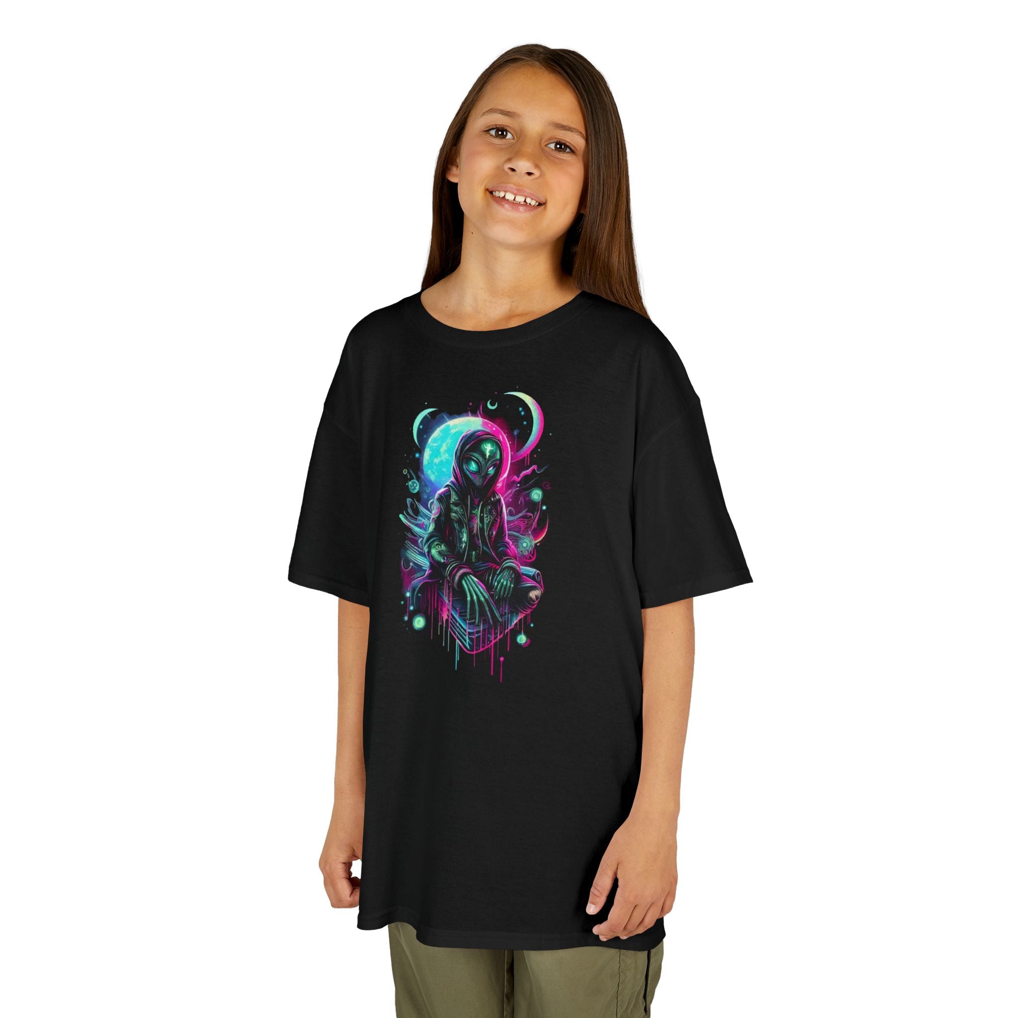Kids Alien Tee — Neon Cosmic Space Graphic Shirt