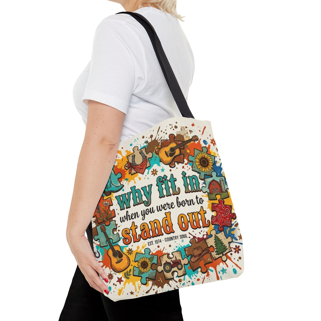 Stand Out Tote Bag — "Why Fit In When You Were Born to Stand Out" Colorful Boho Guitar Design