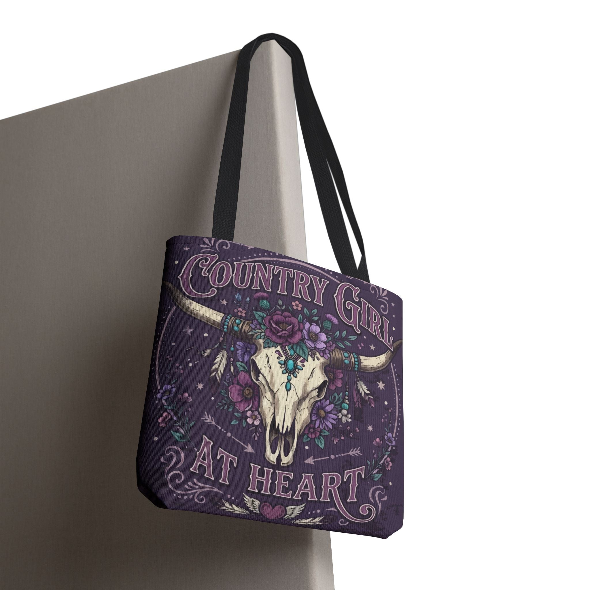 Country Girl at Heart Tote Bag — Floral Bull Skull All-Over Print