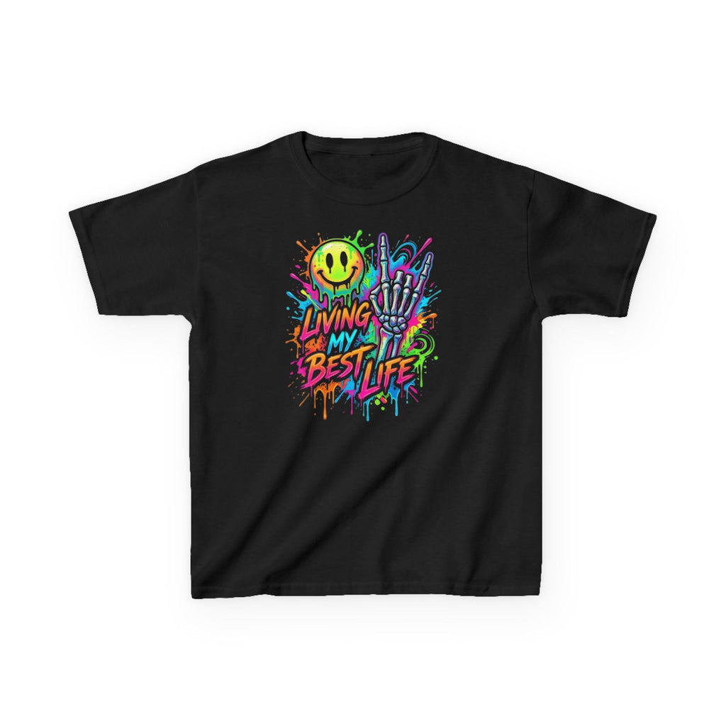 Kids T-Shirt — Neon Graffiti “Living My Best Life” Smiley Skate Tee