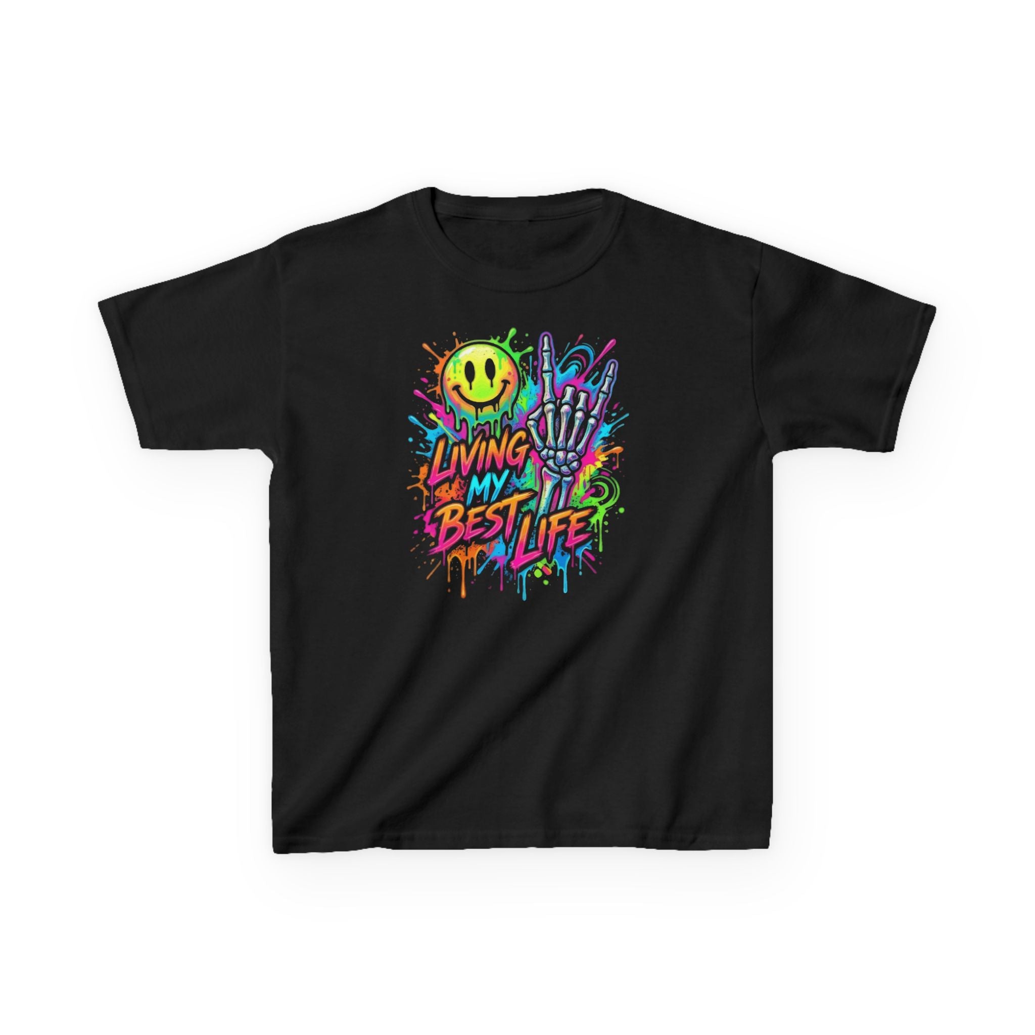 Kids T-Shirt — Neon Graffiti “Living My Best Life” Smiley Skate Tee