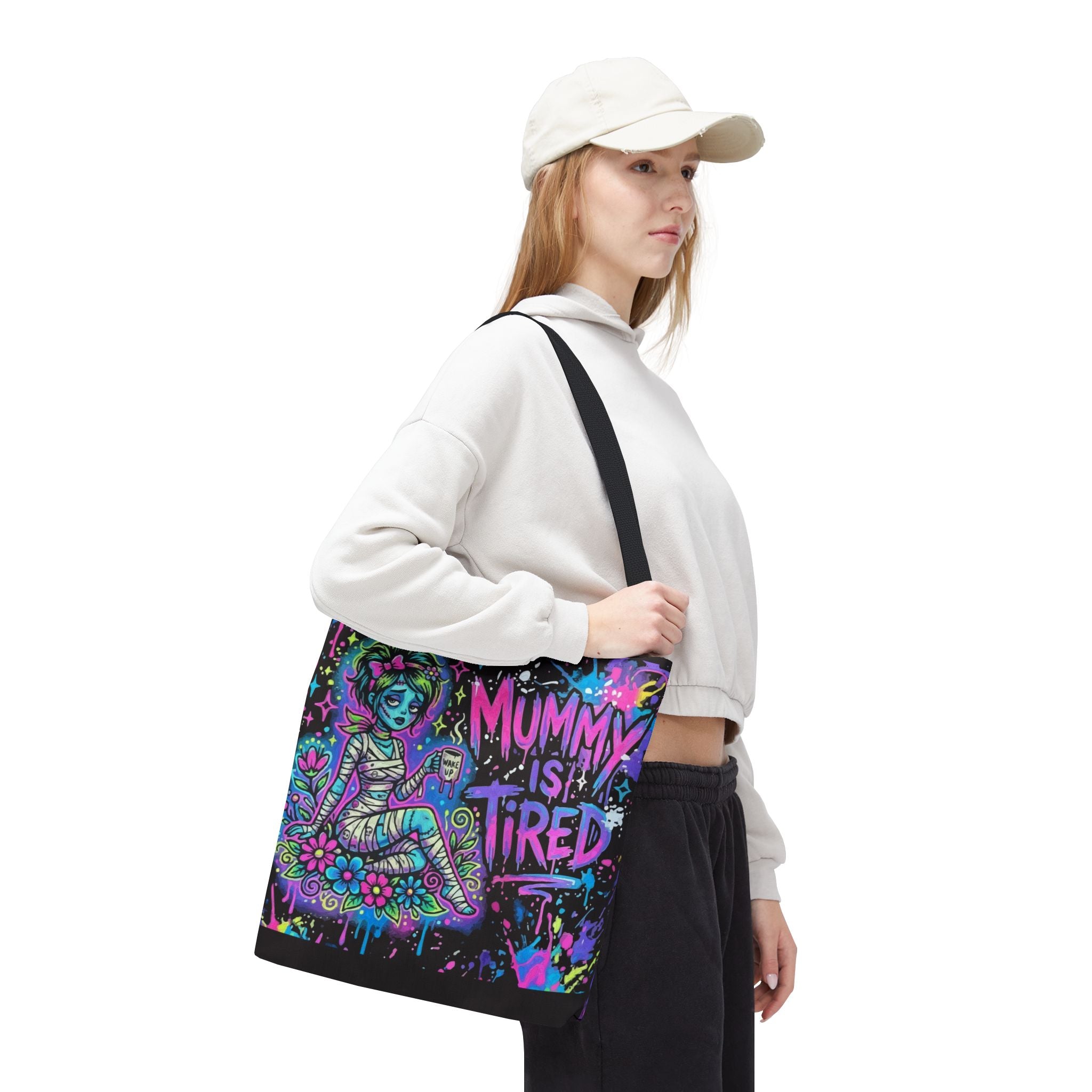 Mummy Is Tired Tote Bag — Neon Halloween Mom Canvas Shopper