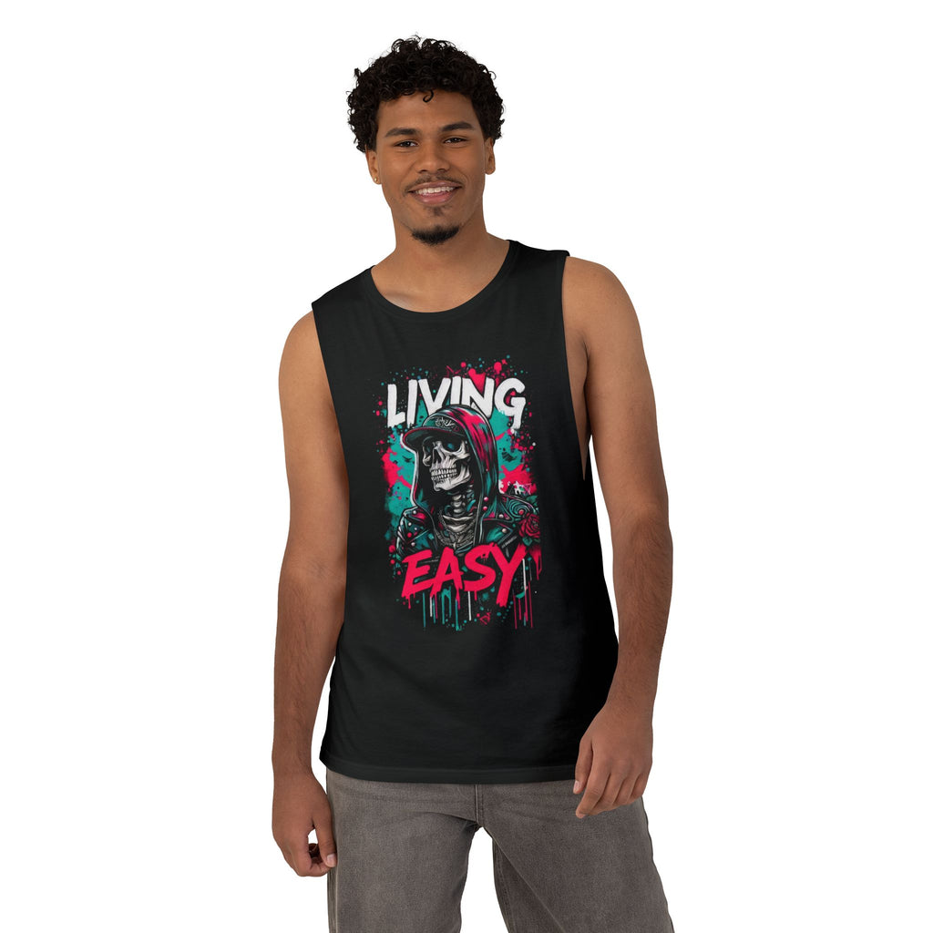 Living Easy Skull Tank Top — Retro Neon Graphic Muscle Shirt