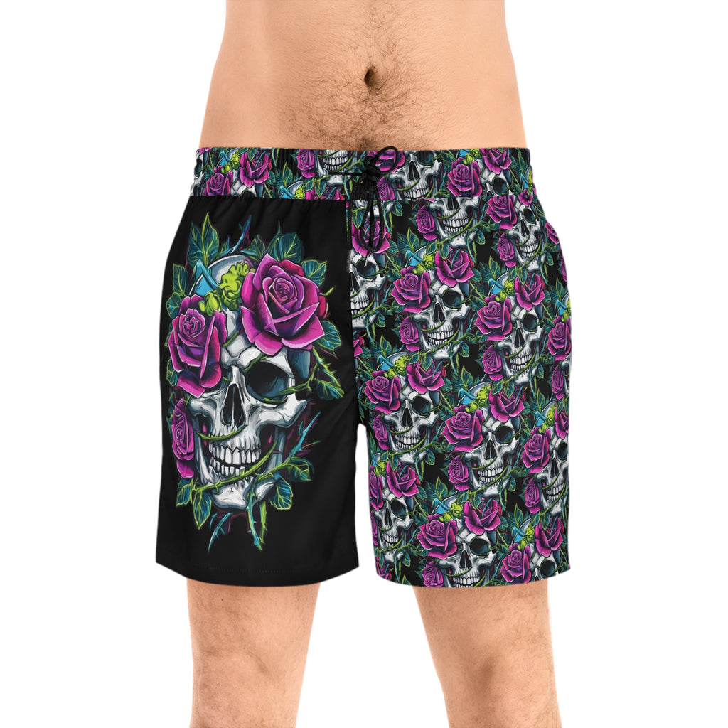 Men's Skull & Roses Swim Shorts — Purple Rose Skeleton Beach Trunks