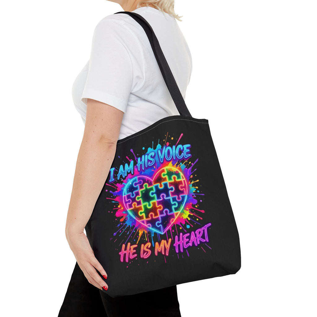Autism Awareness Tote Bag — "I Am His Voice, He Is My Heart" Colorful Puzzle Heart