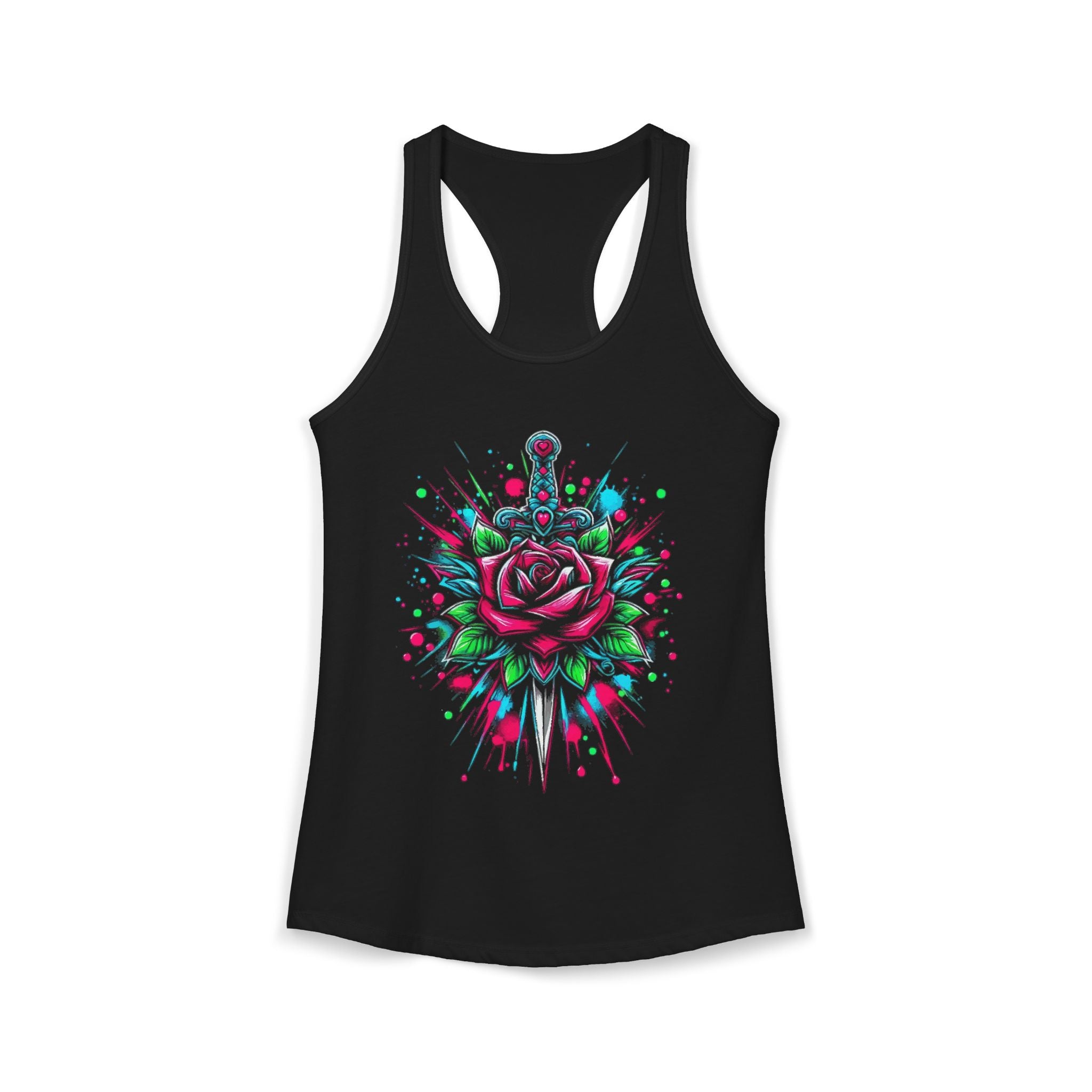 Women's Floral Rose Sword Watercolor Splatter Racerback Tank