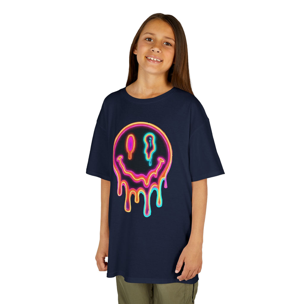 Kids Neon Drip Smiley T-Shirt — Colorful Melting Emoji Tee for Boys & Girls