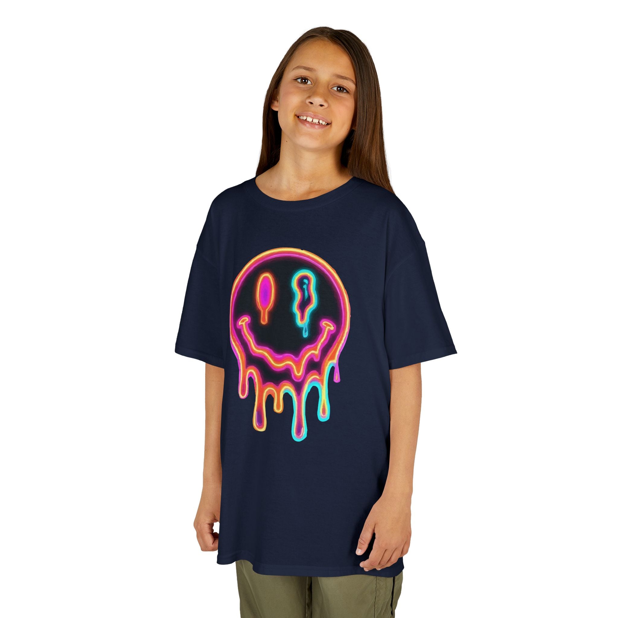 Kids Neon Drip Smiley T-Shirt — Colorful Melting Emoji Tee for Boys & Girls
