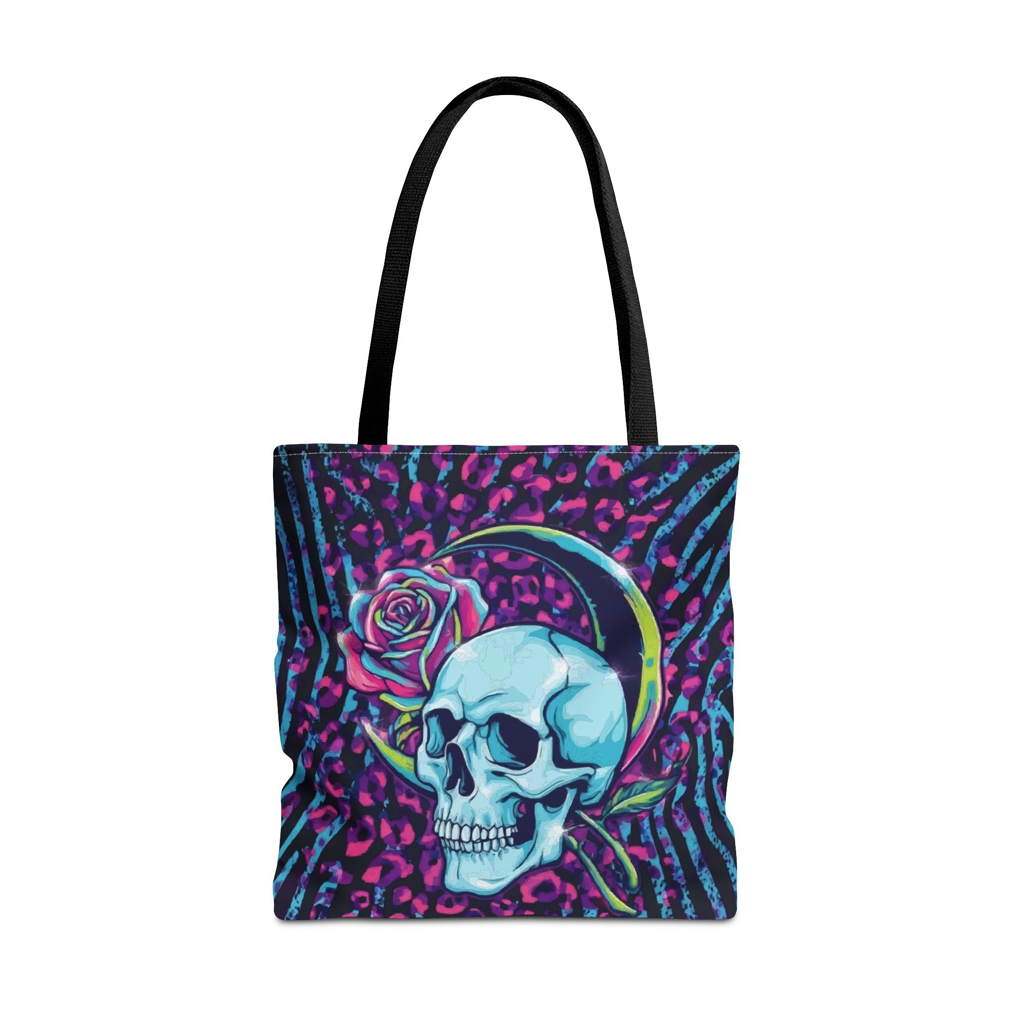 Skull & Rose Tote Bag — Neon Gothic Crescent Moon AOP Tote