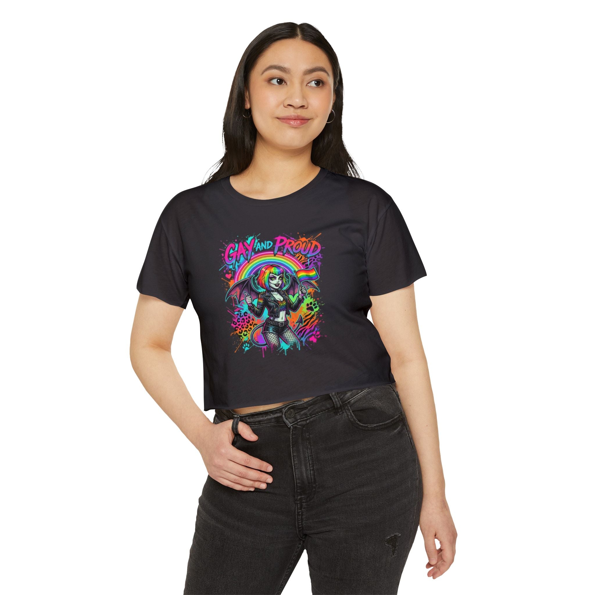 Gay and Proud Rainbow Festival Crop Top — Women’s Pride Rave Graphic Tee