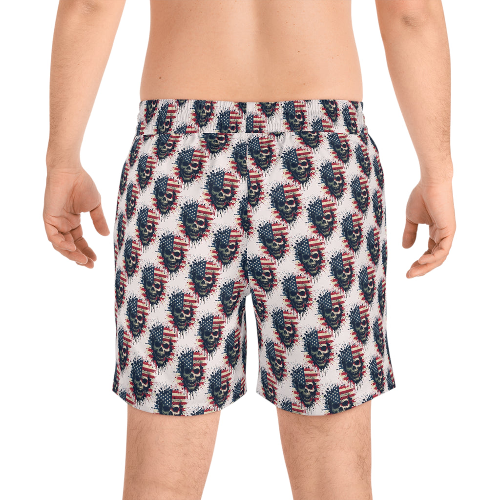 American Flag Skull Swim Shorts — Patriotic Gothic Men's Mid-Length Boardshorts