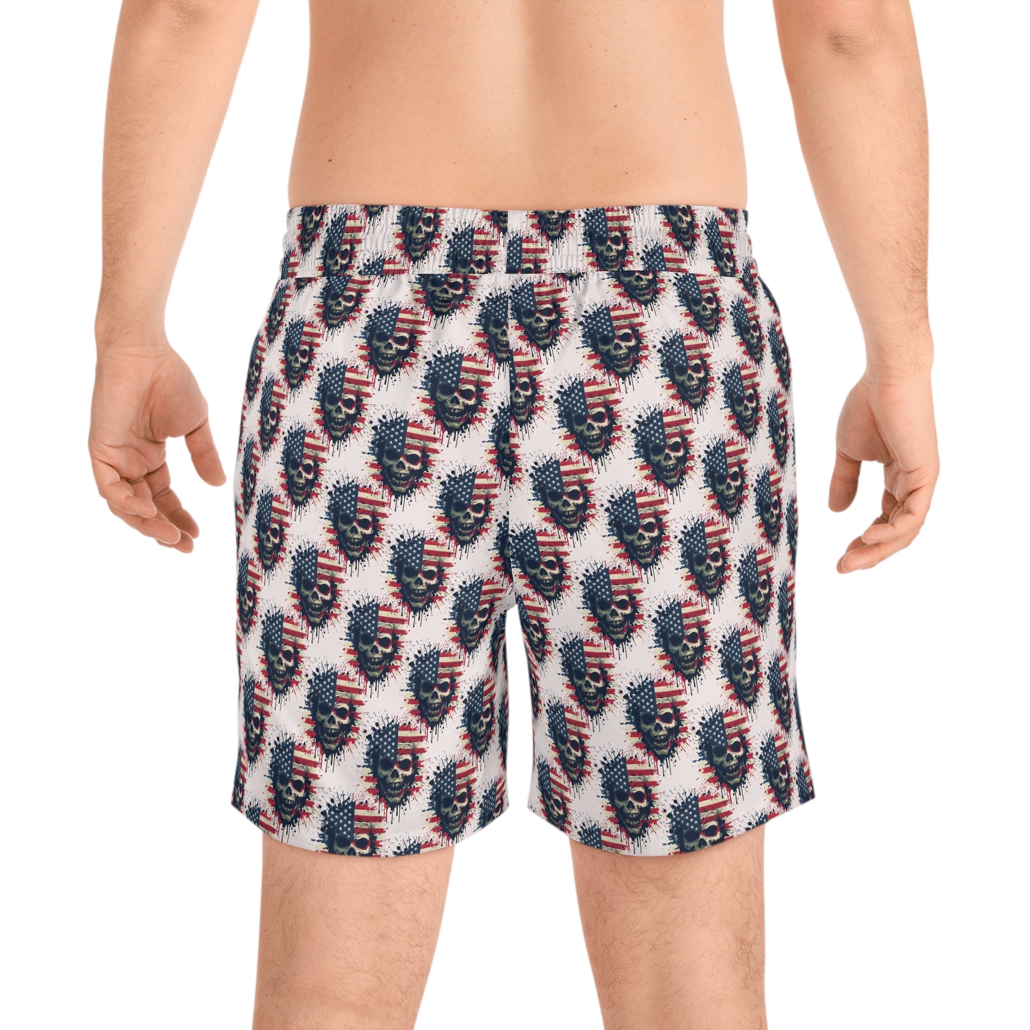 American Flag Skull Swim Shorts — Patriotic Gothic Men's Mid-Length Boardshorts