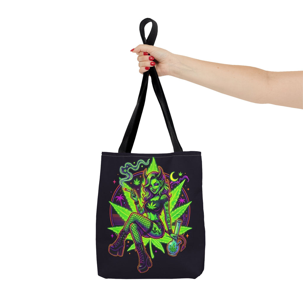 Psychedelic Witch Tote Bag — Neon Cannabis Pinup All-Over Print