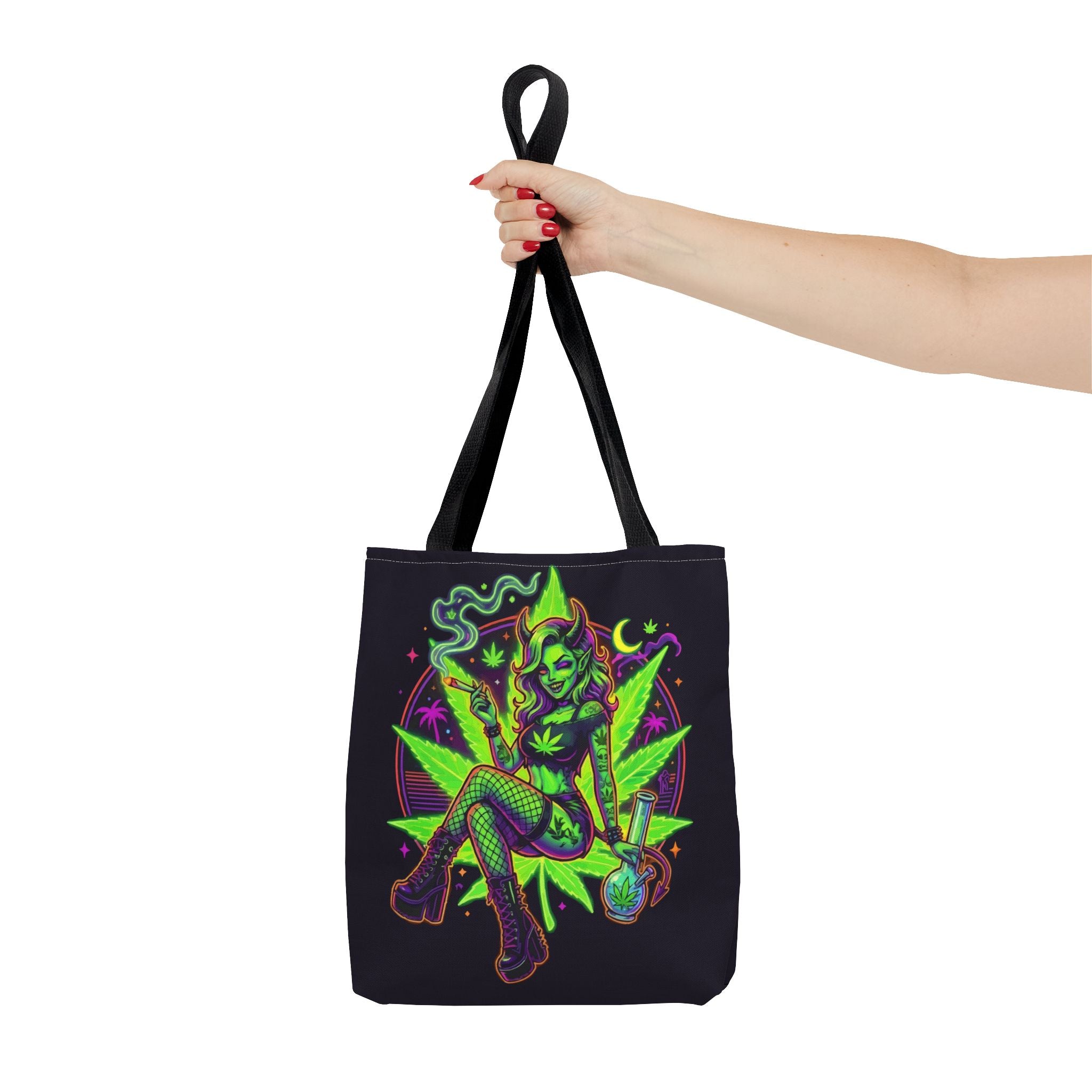 Psychedelic Witch Tote Bag — Neon Cannabis Pinup All-Over Print