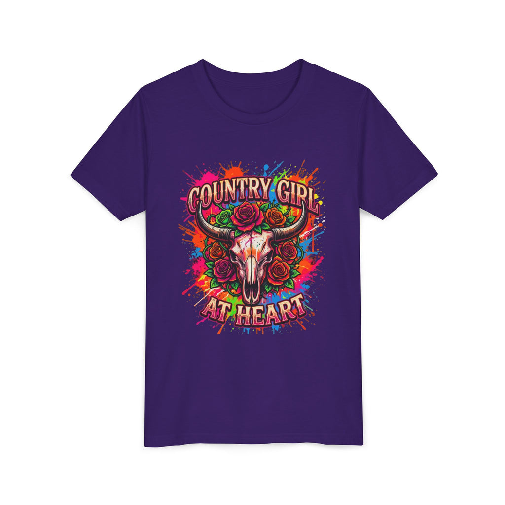 Youth Tee - "Country Girl at Heart" Colorful Bull Skull Graphic