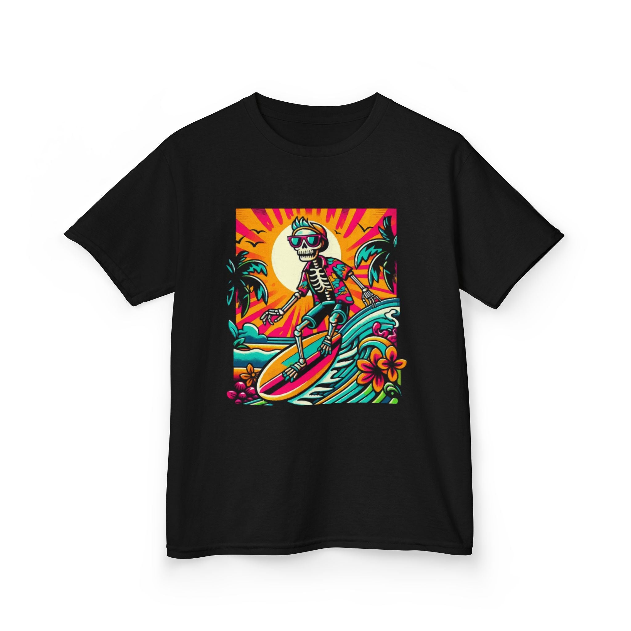 Kids Surfing Shark Tee — Colorful Retro Beach Wave Graphic