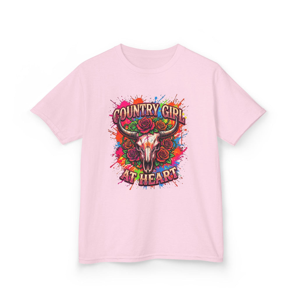 Kids T-Shirt — "Country Girl at Heart" Colorful Cow Skull Tee