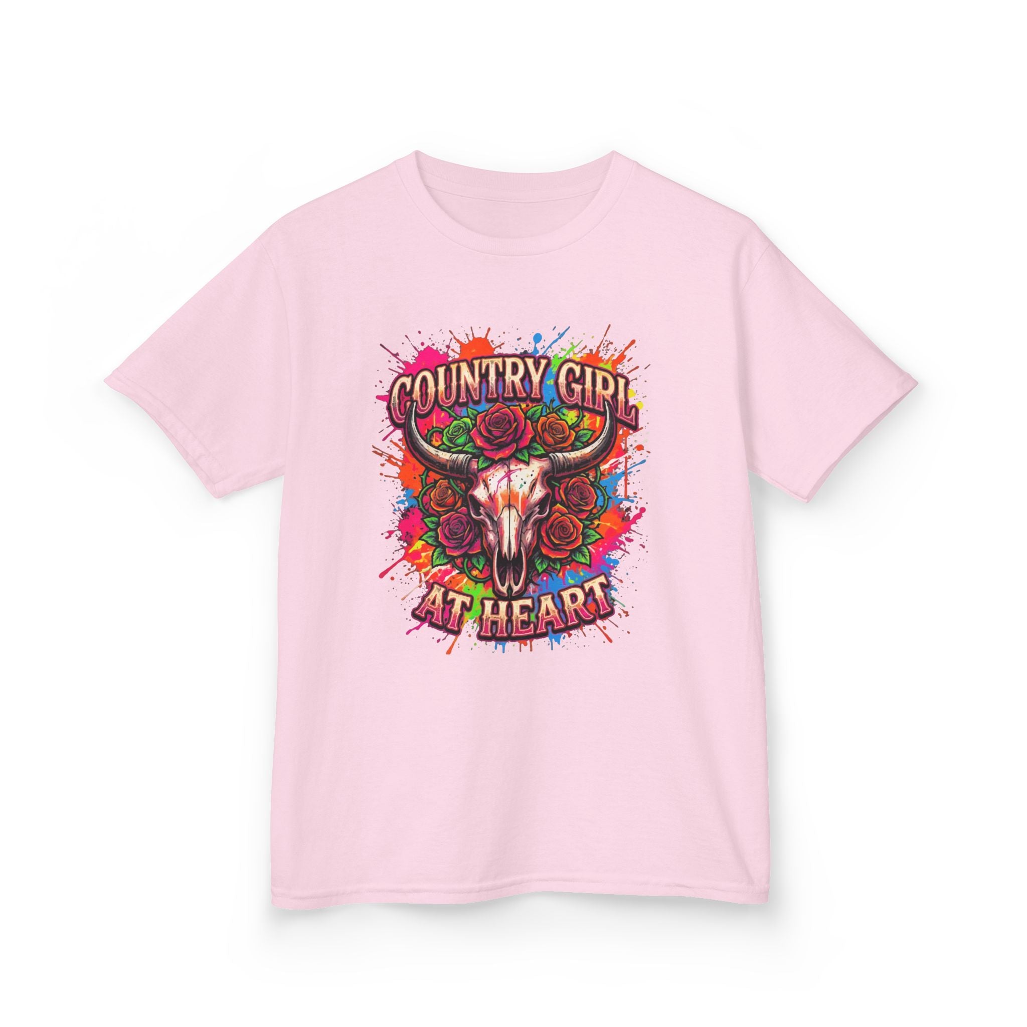 Kids T-Shirt — "Country Girl at Heart" Colorful Cow Skull Tee