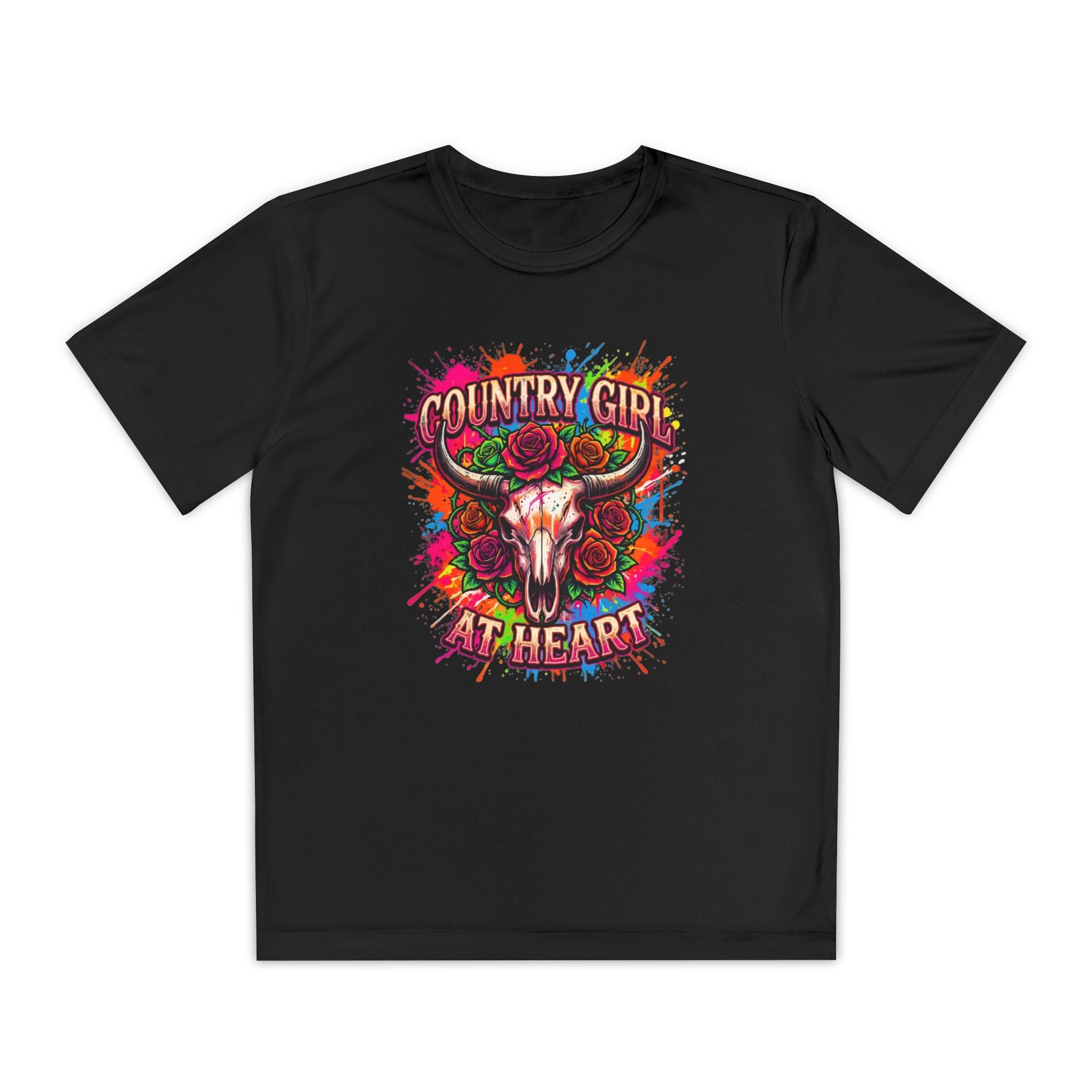 Youth T-Shirt — "Country Girl at Heart" Floral Bull Skull Graphic