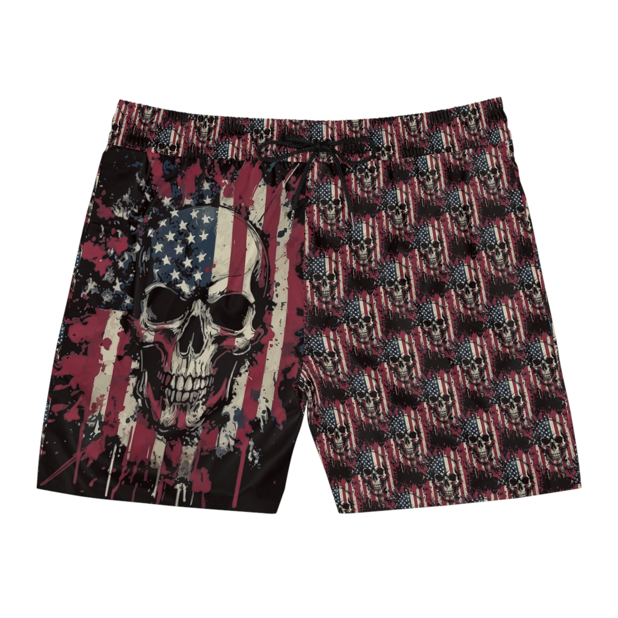 American Flag Skull Swim Shorts — Patriotic Gothic Beach Trunks