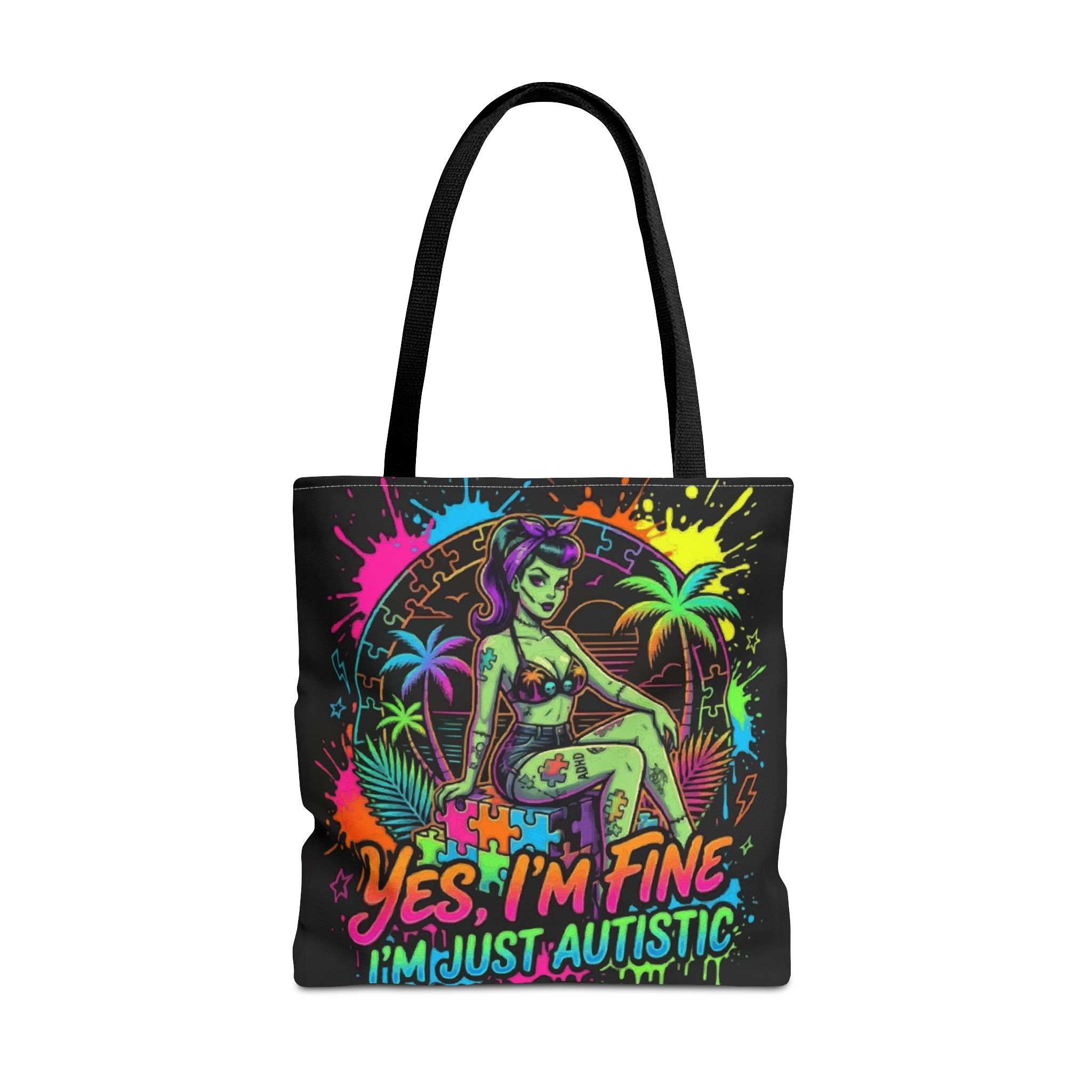 Autistic Pride Tote Bag — “Yes, I’m Fine, I’m Just Autistic” Neon Pinup Tote