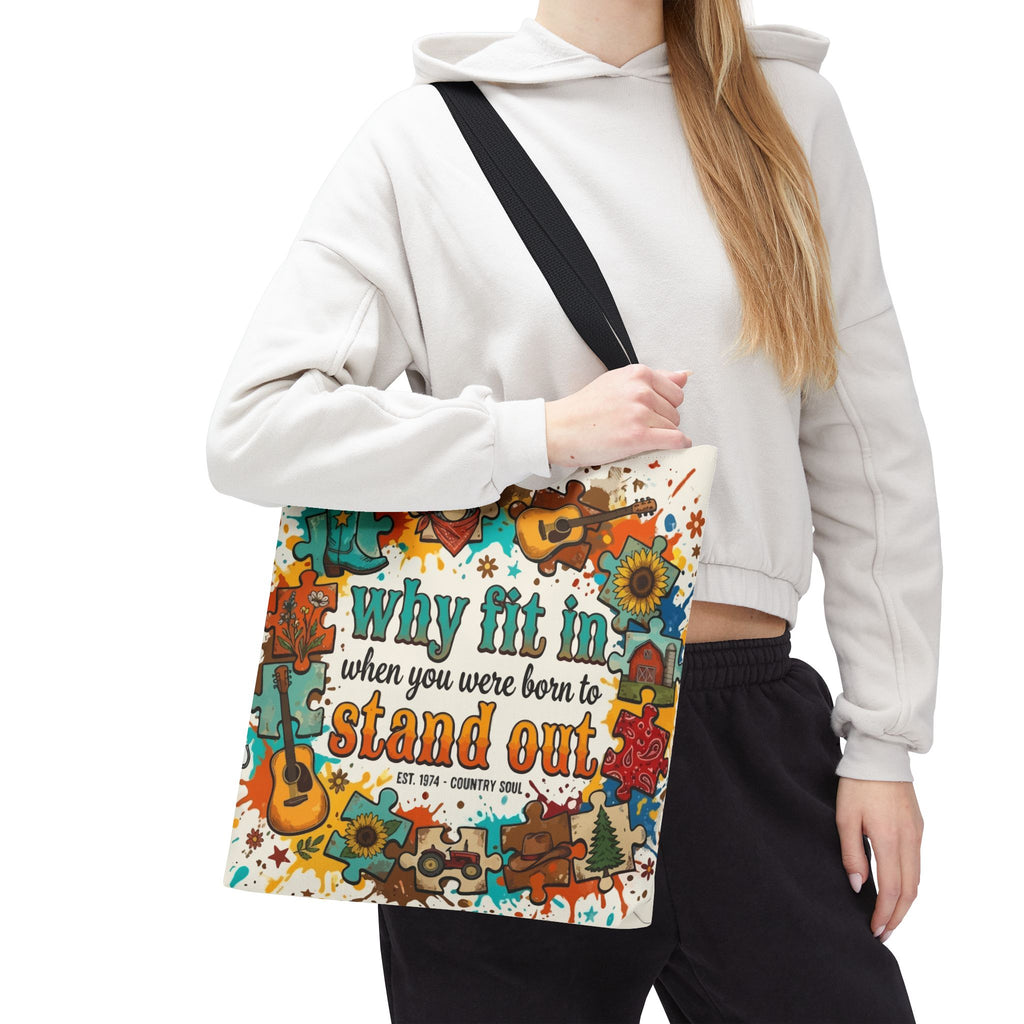 Stand Out Tote Bag — "Why Fit In When You Were Born to Stand Out" Colorful Boho Guitar Design
