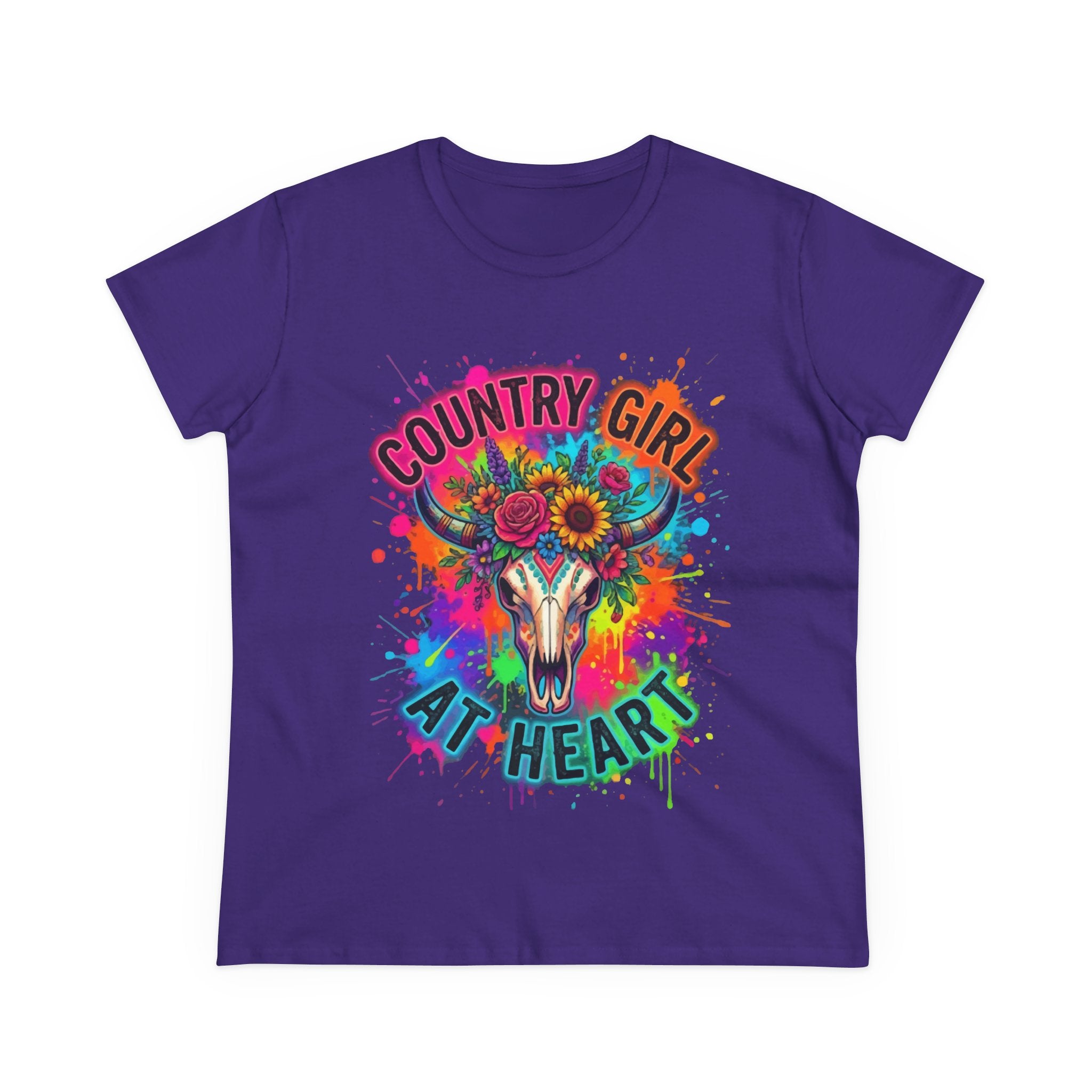 Country Girl At Heart Tee — Colorful Floral Cow Skull Women's T‑Shirt