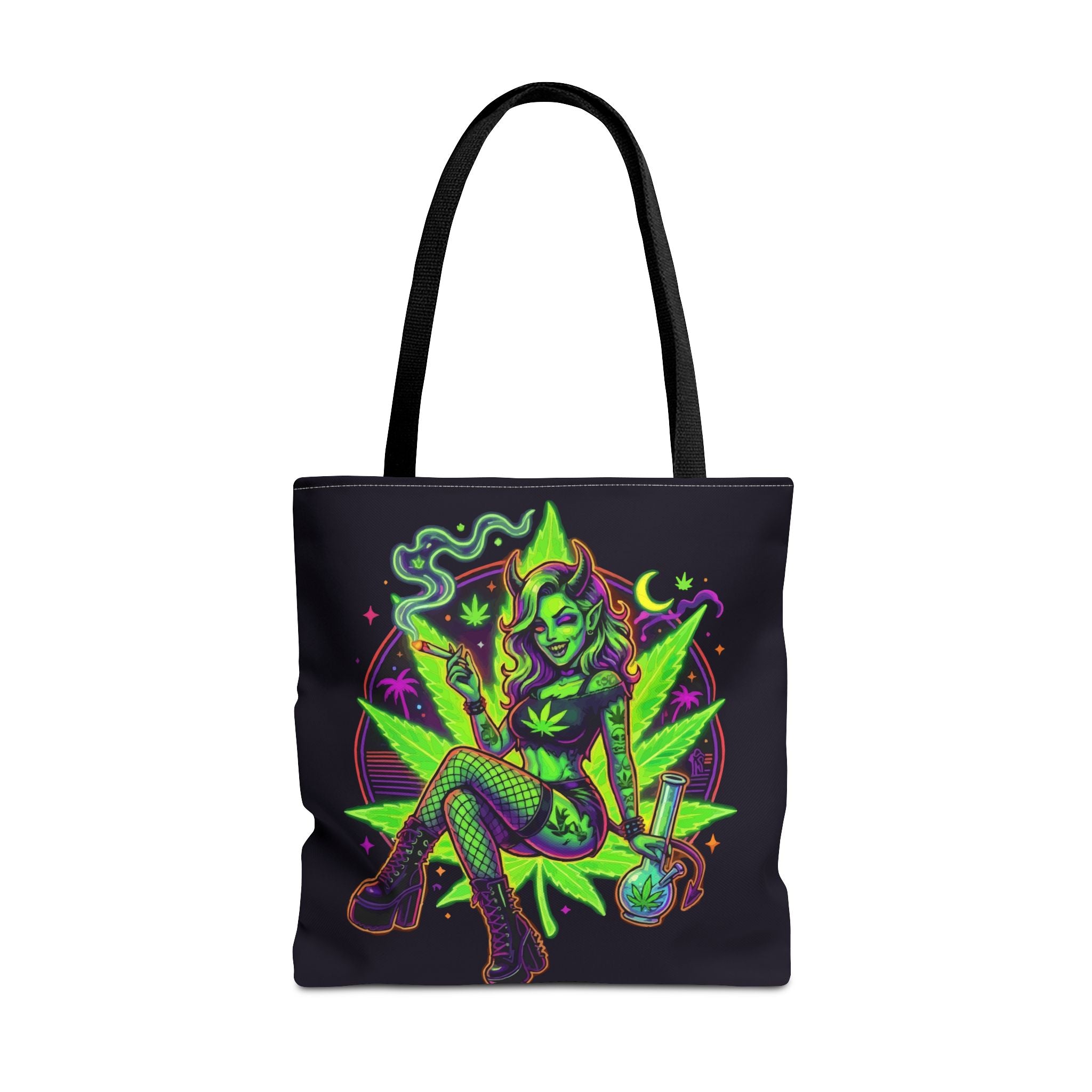 Psychedelic Witch Tote Bag — Neon Cannabis Pinup All-Over Print