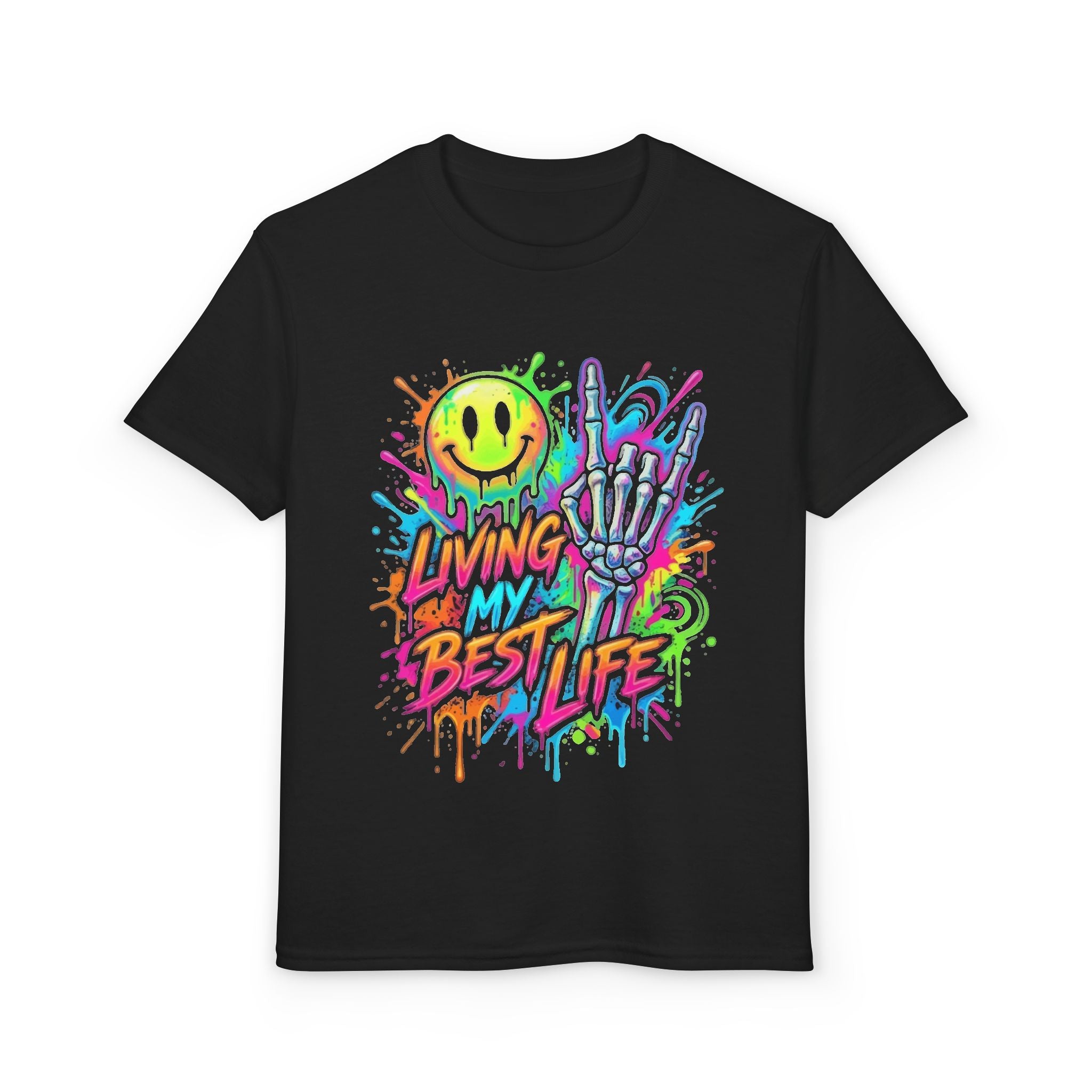 Youth T‑Shirt — Colorful Graffiti “Living My Best Life” Smile Skeleton Design