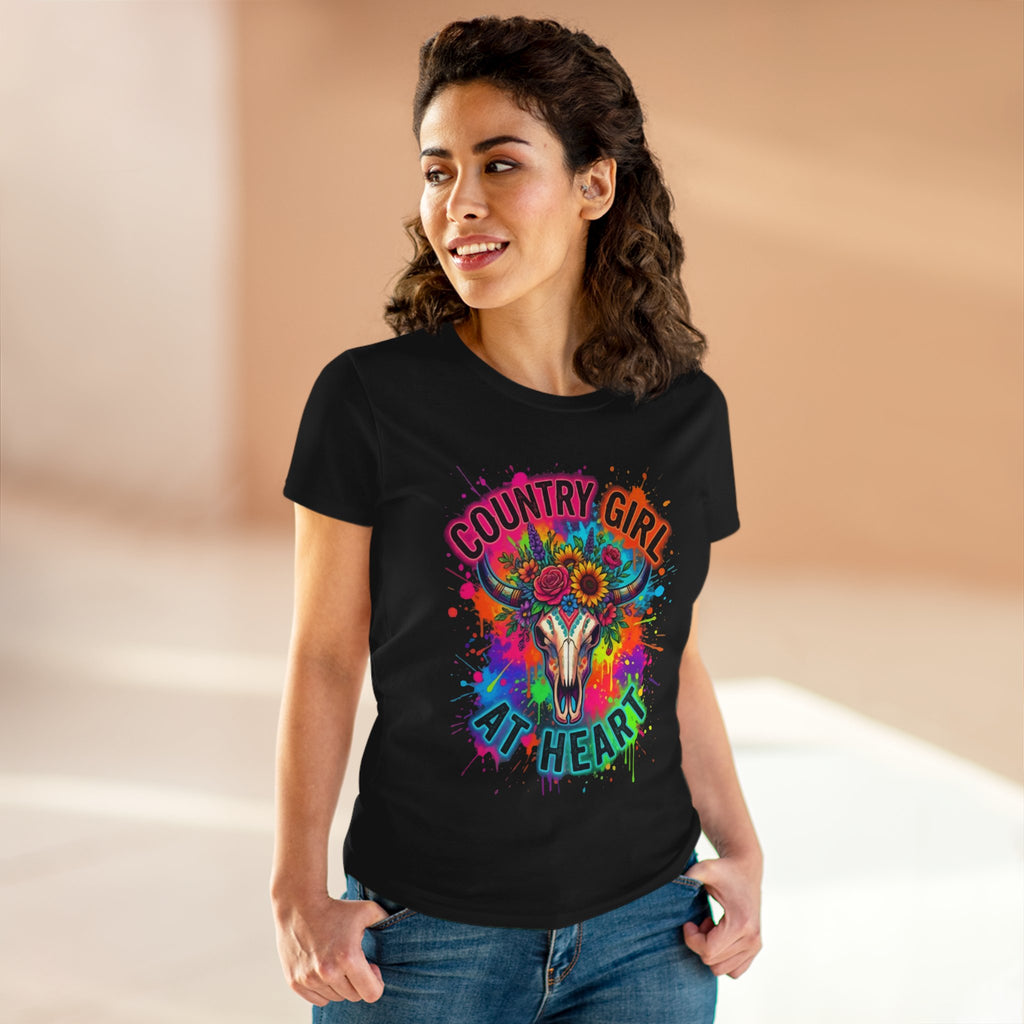 Country Girl At Heart Tee — Colorful Floral Cow Skull Women's T‑Shirt