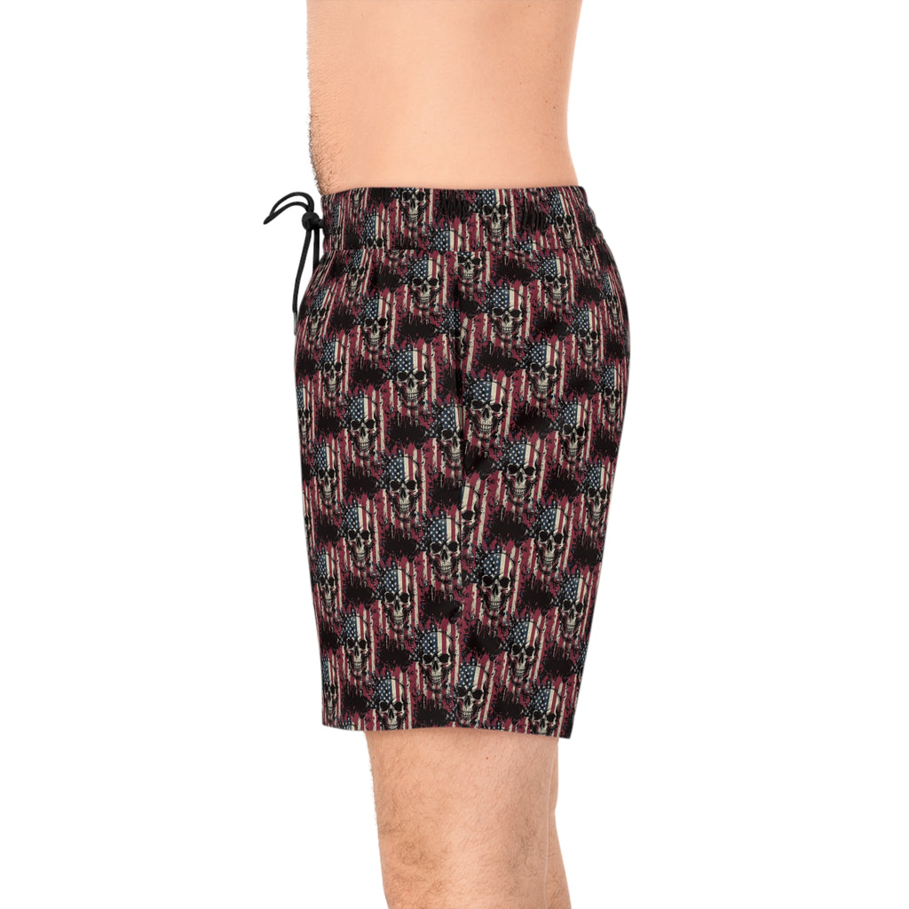 American Flag Skull Swim Shorts — Patriotic Gothic Beach Trunks