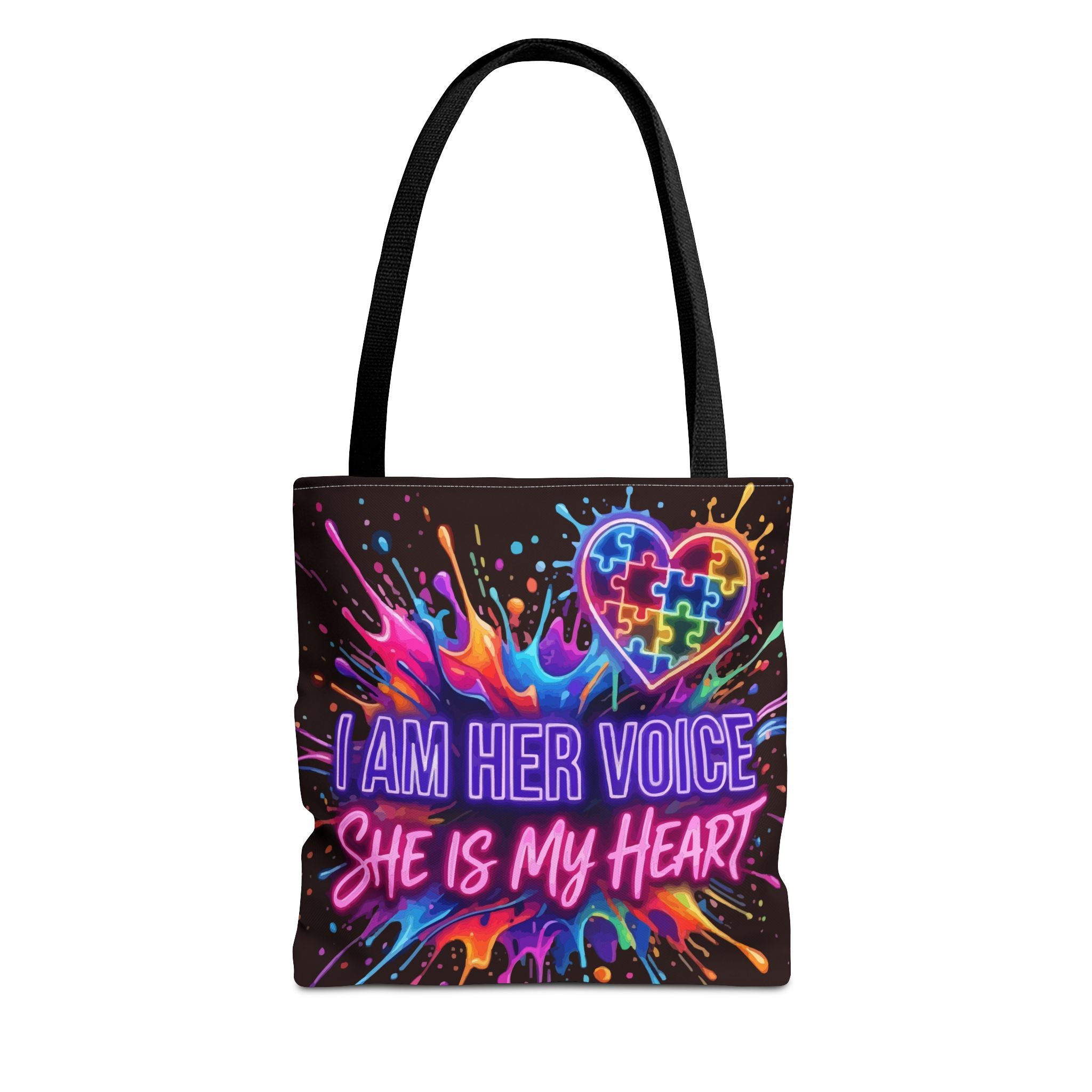 Autism Awareness Tote Bag - "I Am Her Voice, She Is My Heart" Colorful Puzzle Heart Carryall
