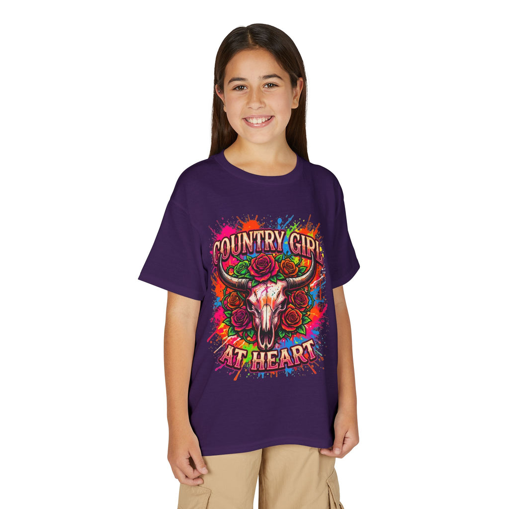 Country Girl At Heart Youth T-Shirt — Colorful Skull & Roses Graphic